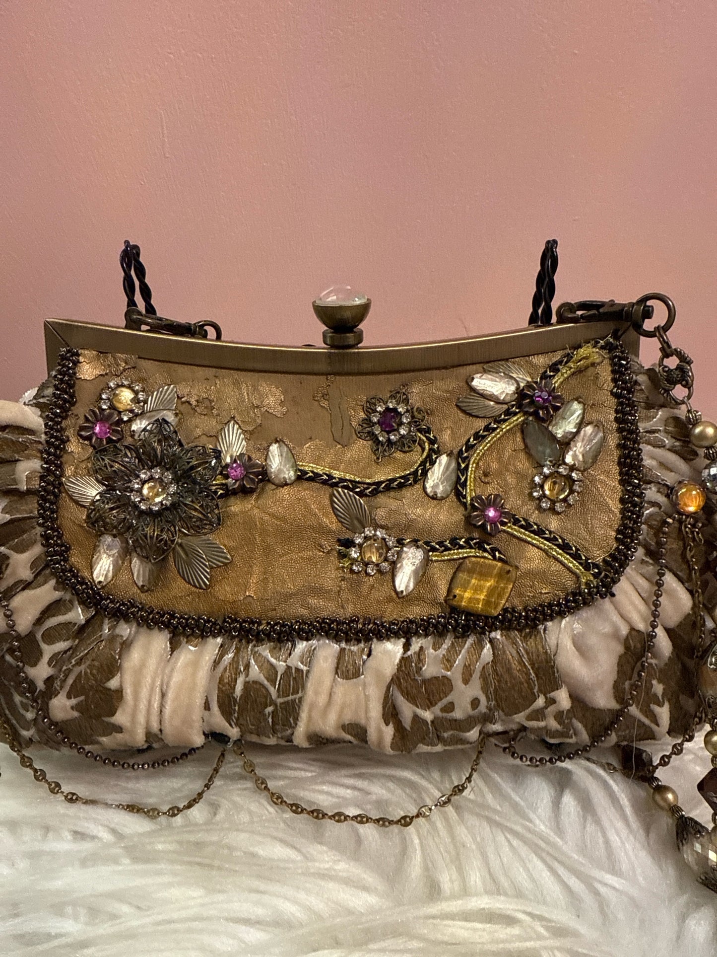 Mary Frances taupe velvet fabric multi beaded strap shoulder bag