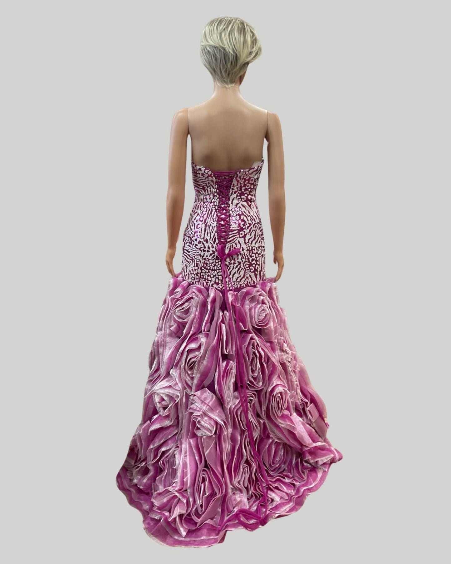TIFFANY STRAPLESS FUCHSIA GOWN ROSE MATERIAL FULL BOTTOM LACE TIE BACK