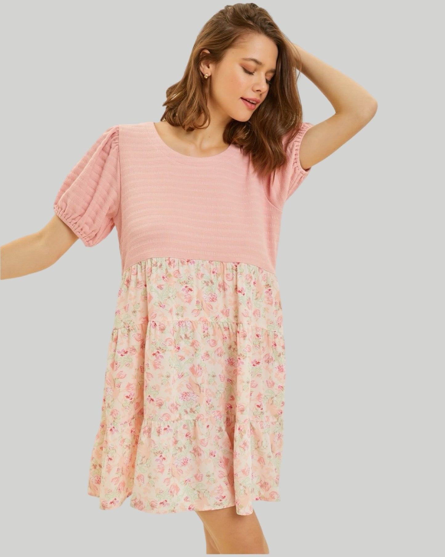 FLARE MINI DRESS, ROUND NECK, MIXED FABRIC