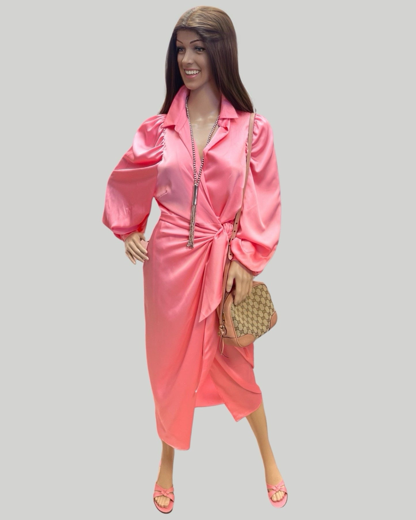 HER BOTTARI BALLOON SLEEVE PINK WRAP DRESS