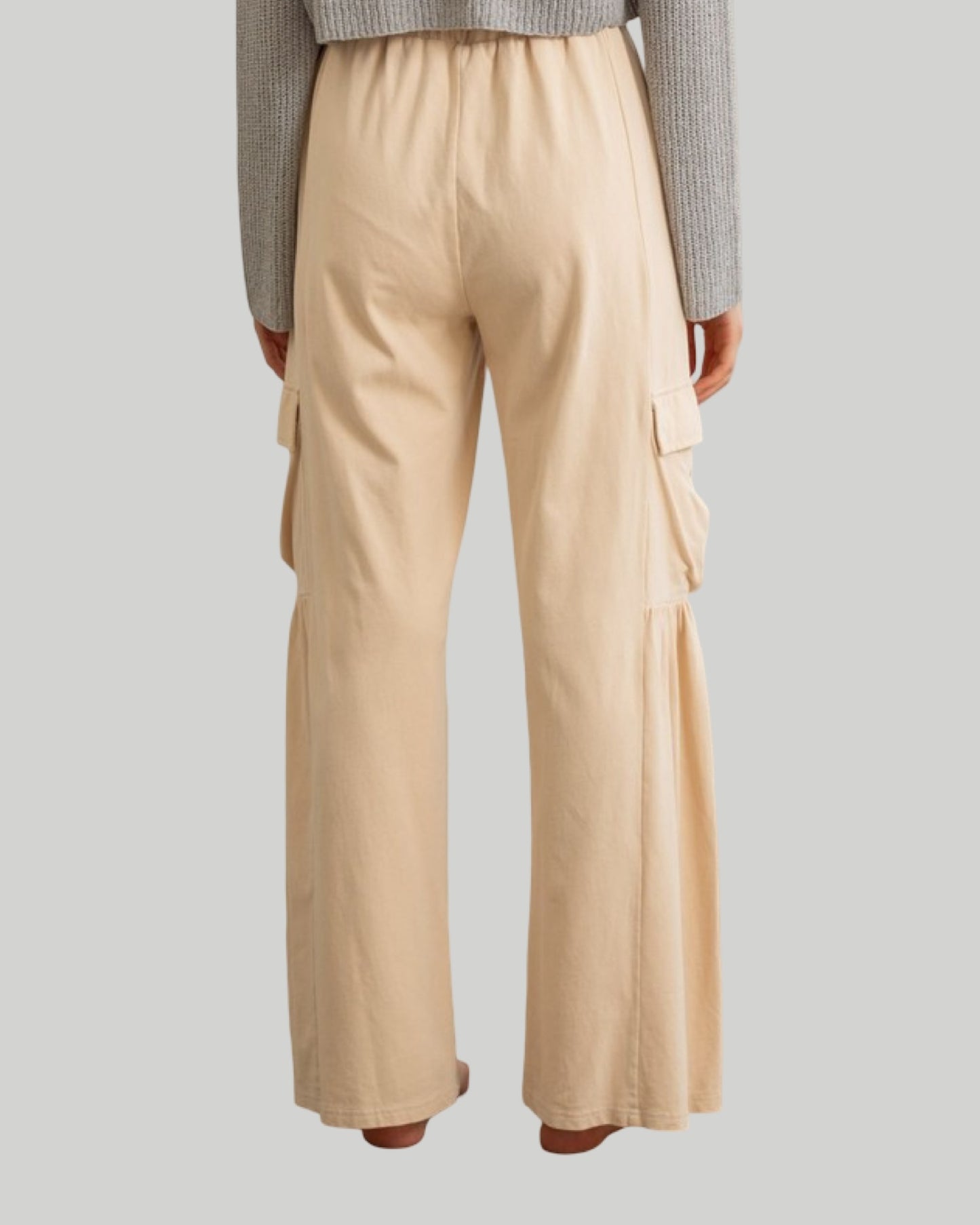 Effortless wide leg, relaxed fit cargo pants available in buttercream and cool matcha