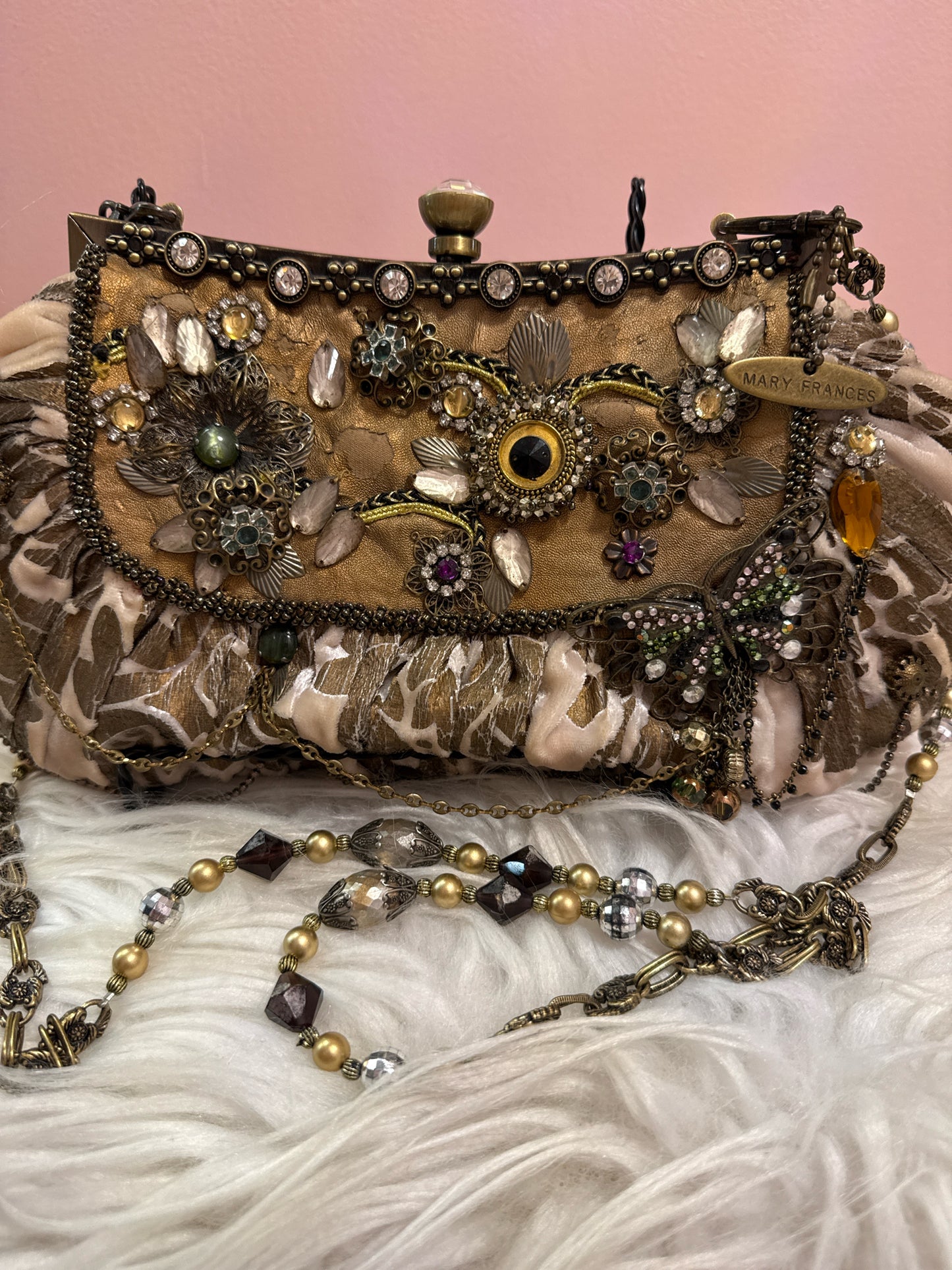 Mary Frances taupe velvet fabric multi beaded strap shoulder bag