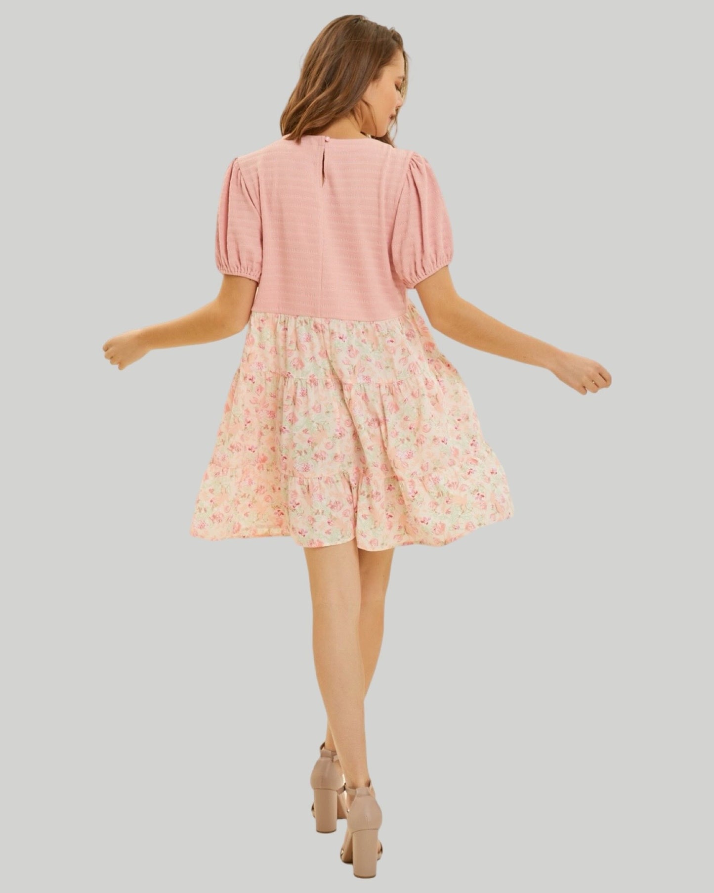 FLARE MINI DRESS, ROUND NECK, MIXED FABRIC
