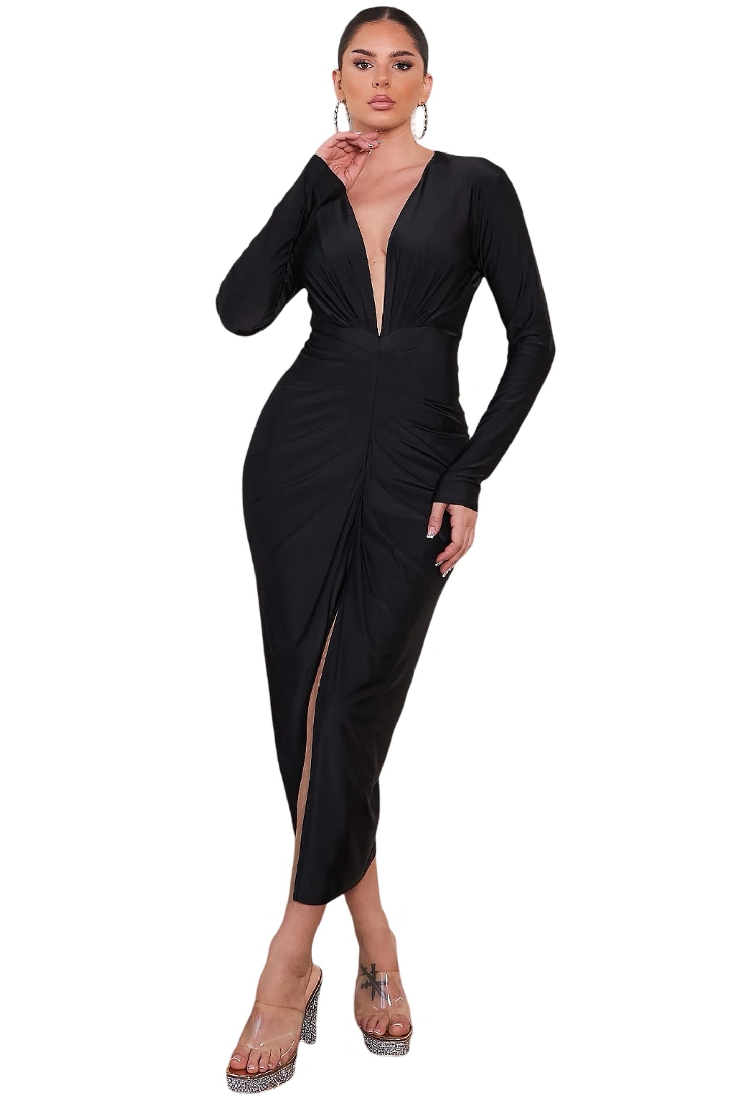 SOLID LONG SLEEVE DEEP V MIDI DRESS