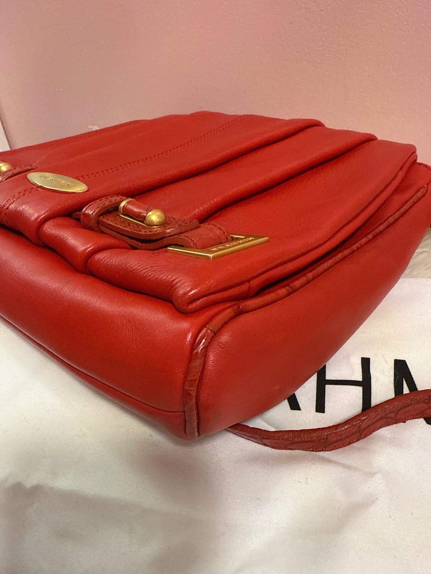 BRAHMIN RED RUCHED LEATHER SHOULDER BAG