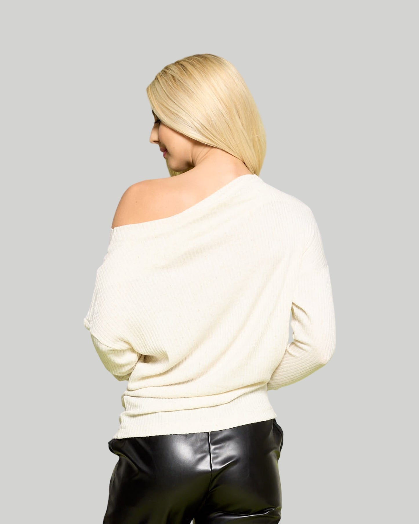 Ribbed knit off the shoulder top taupe