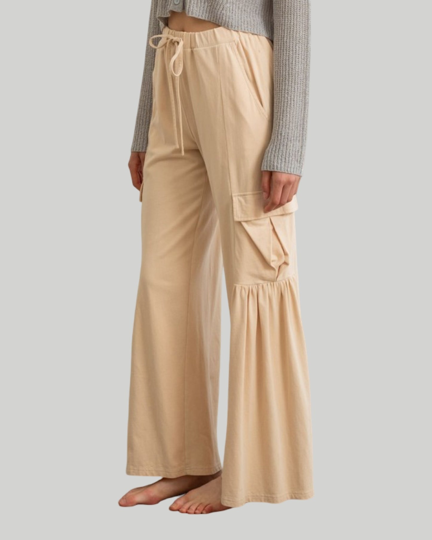 Effortless wide leg, relaxed fit cargo pants available in buttercream and cool matcha