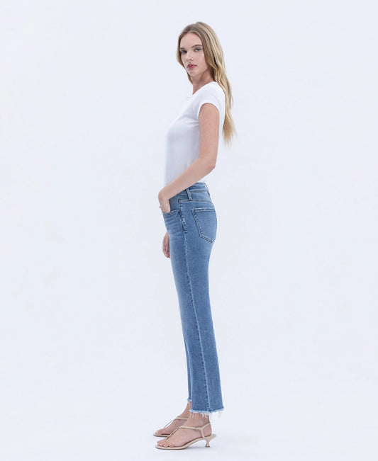 Melissa Mid Rise Medium Wash Raw Hem Crop Straight Jeans
