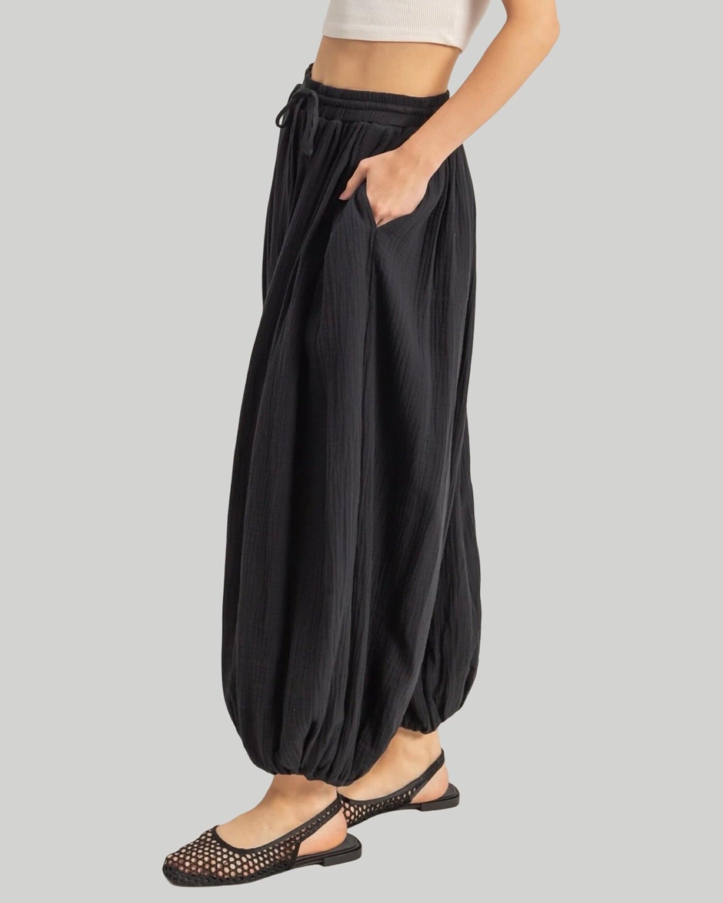 DOUBLE GAUZE BLACK HIGH WAIST BAGGY PANTS