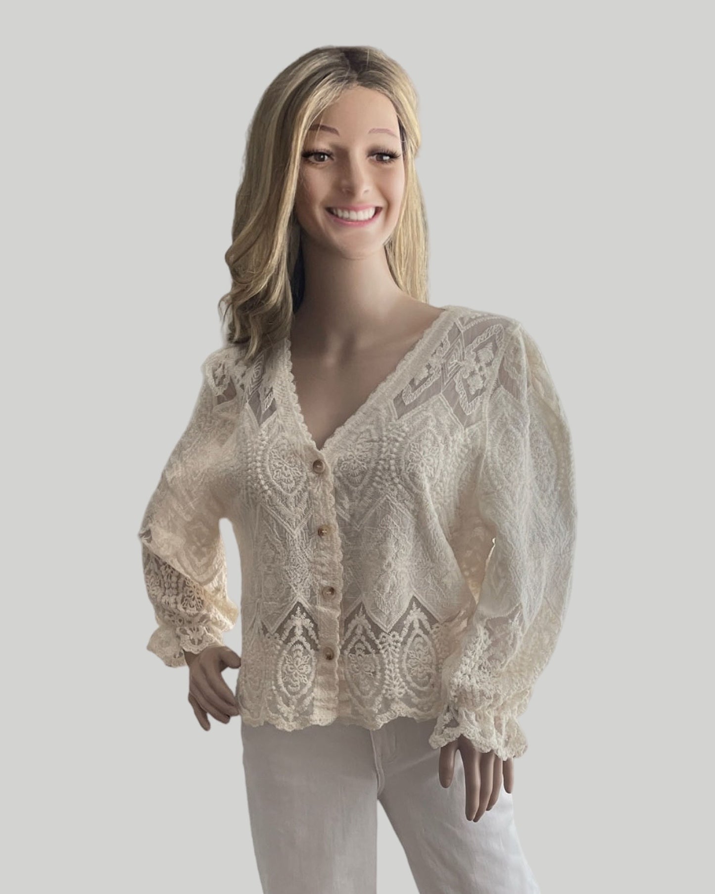 BEIGE LACE BUTTON FRONT LONG SLEEVE TOP, SEMI SHEER