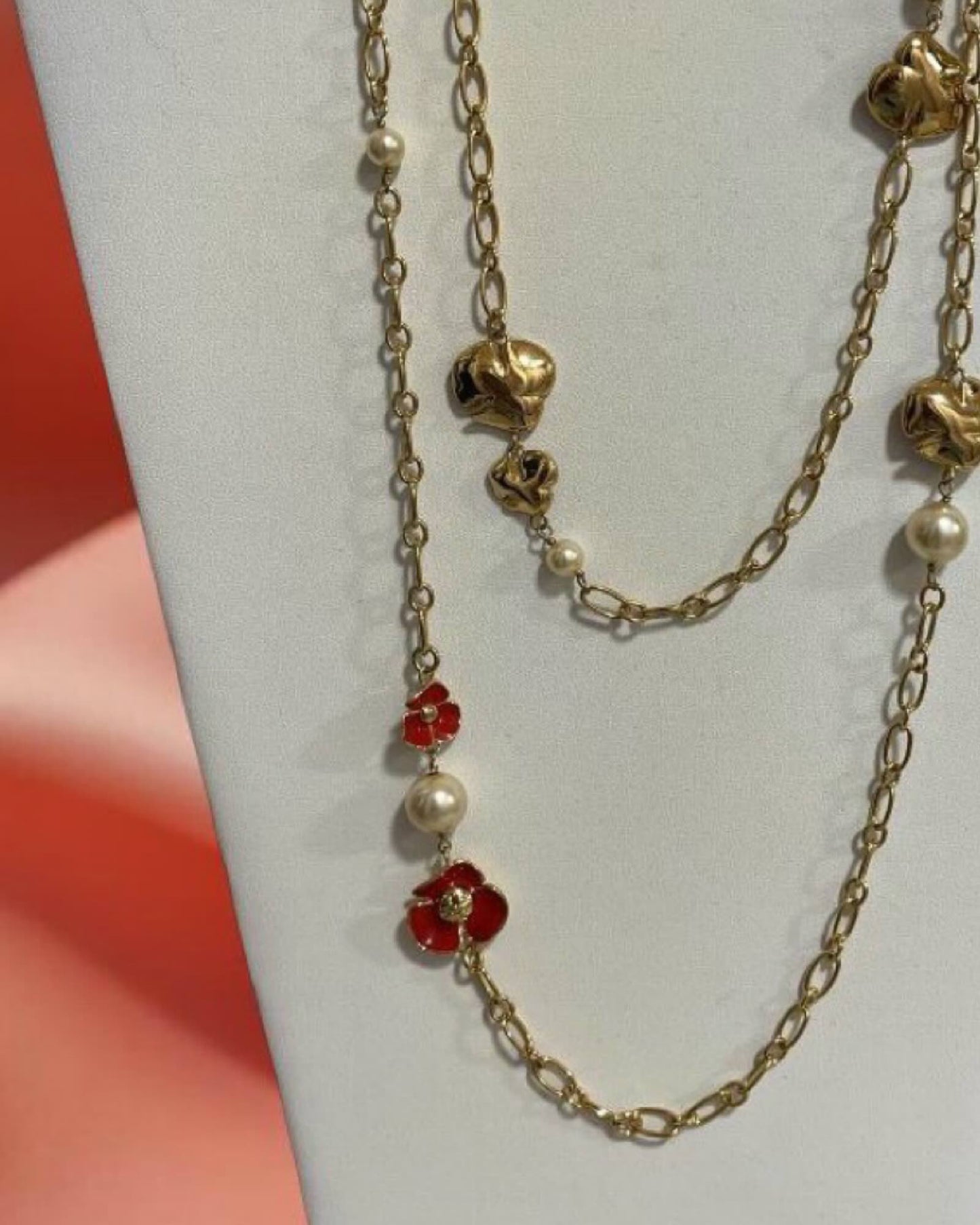 Tory Burch fleur rosary necklace in red and gold. Gold Plated