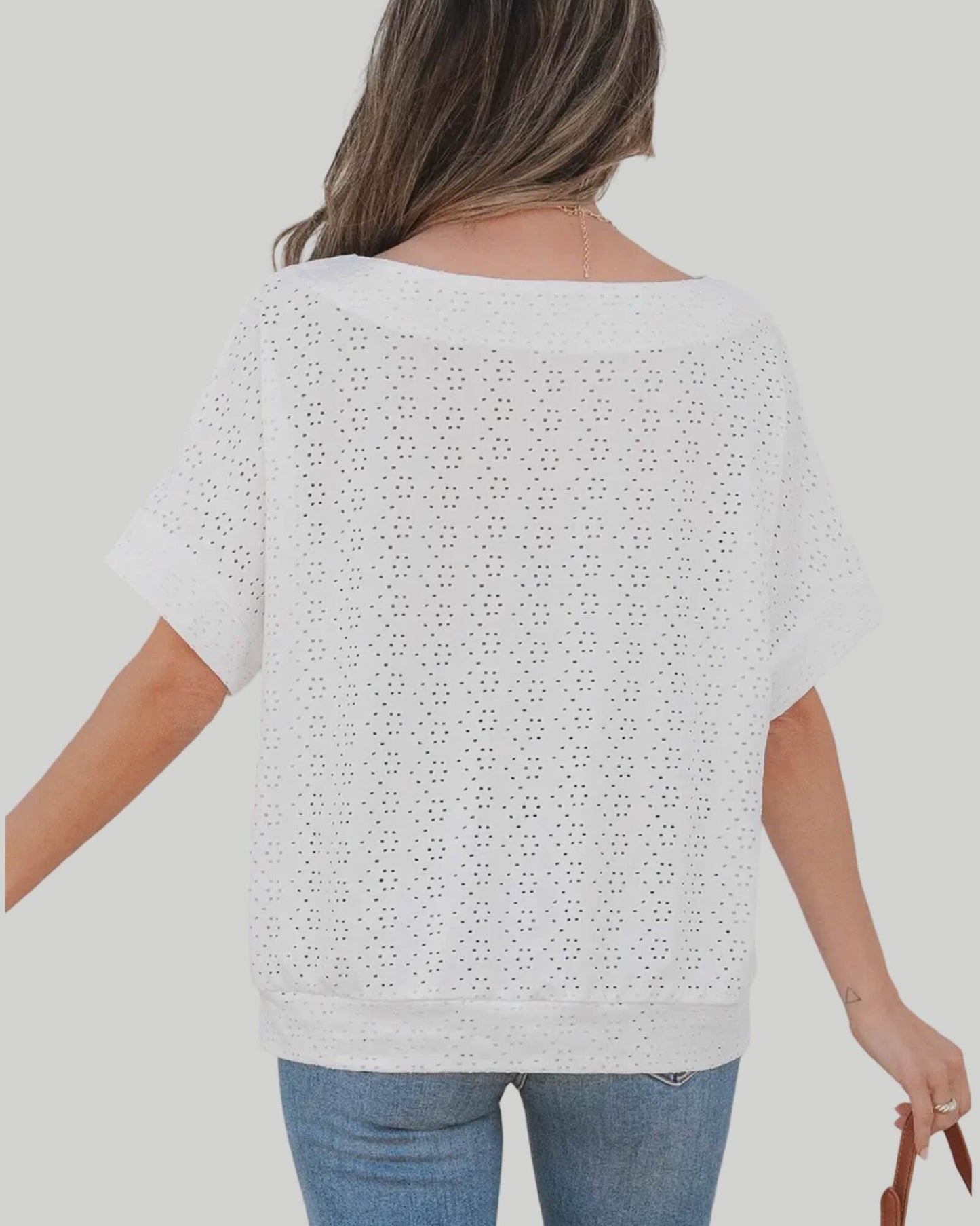 EYELET PATTERN BOAT NECK CASUAL TEE