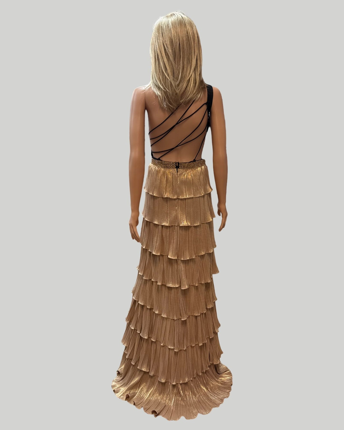 Ieena Mac Duggal One Shoulder Layered Metallic Ruffled Gown