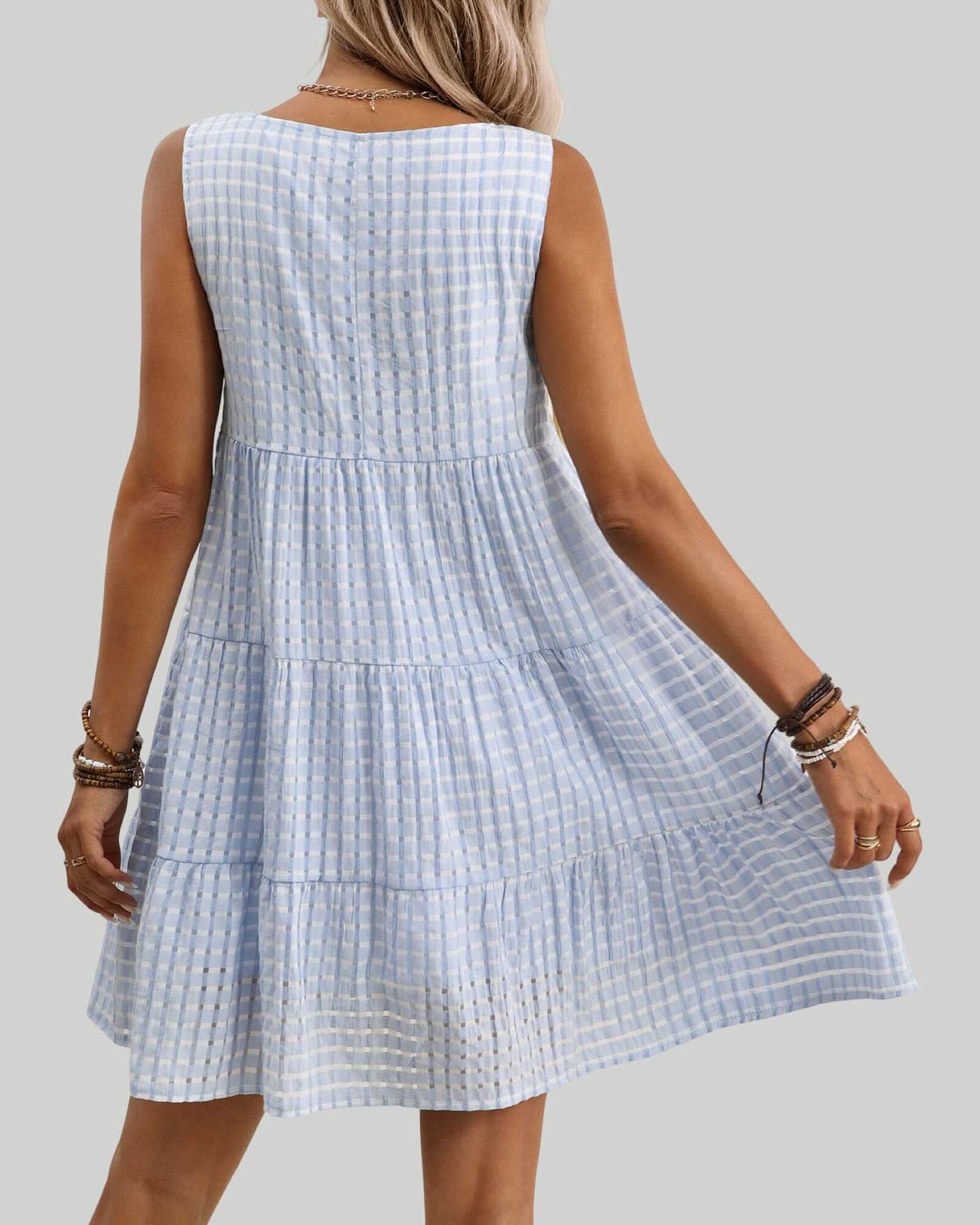 Light Blue Checkered Tiered Sleeveless Mini Dress