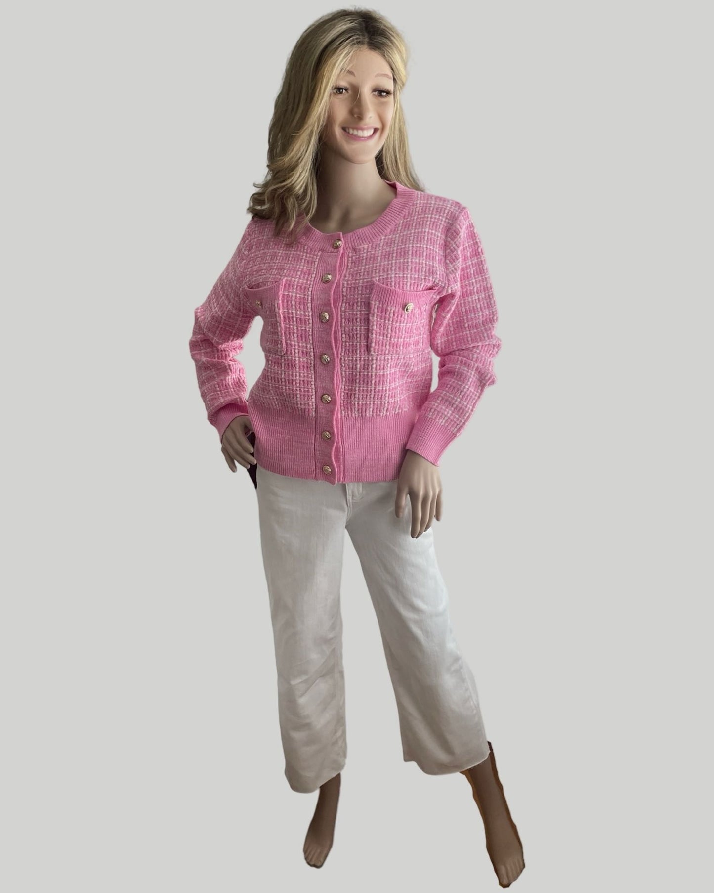 PINK AND WHITE BUTTON FRONT SWEATER