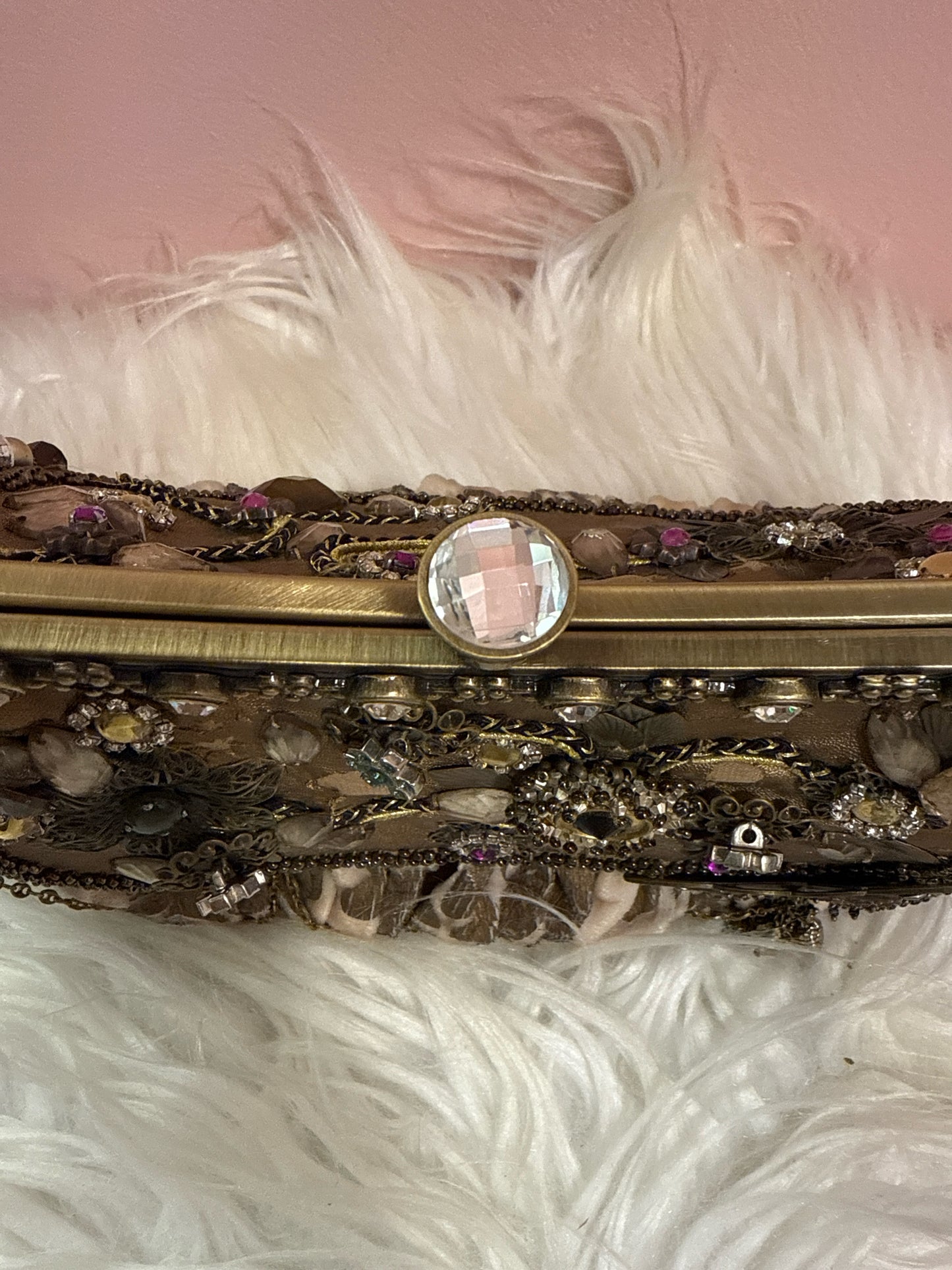 Mary Frances taupe velvet fabric multi beaded strap shoulder bag
