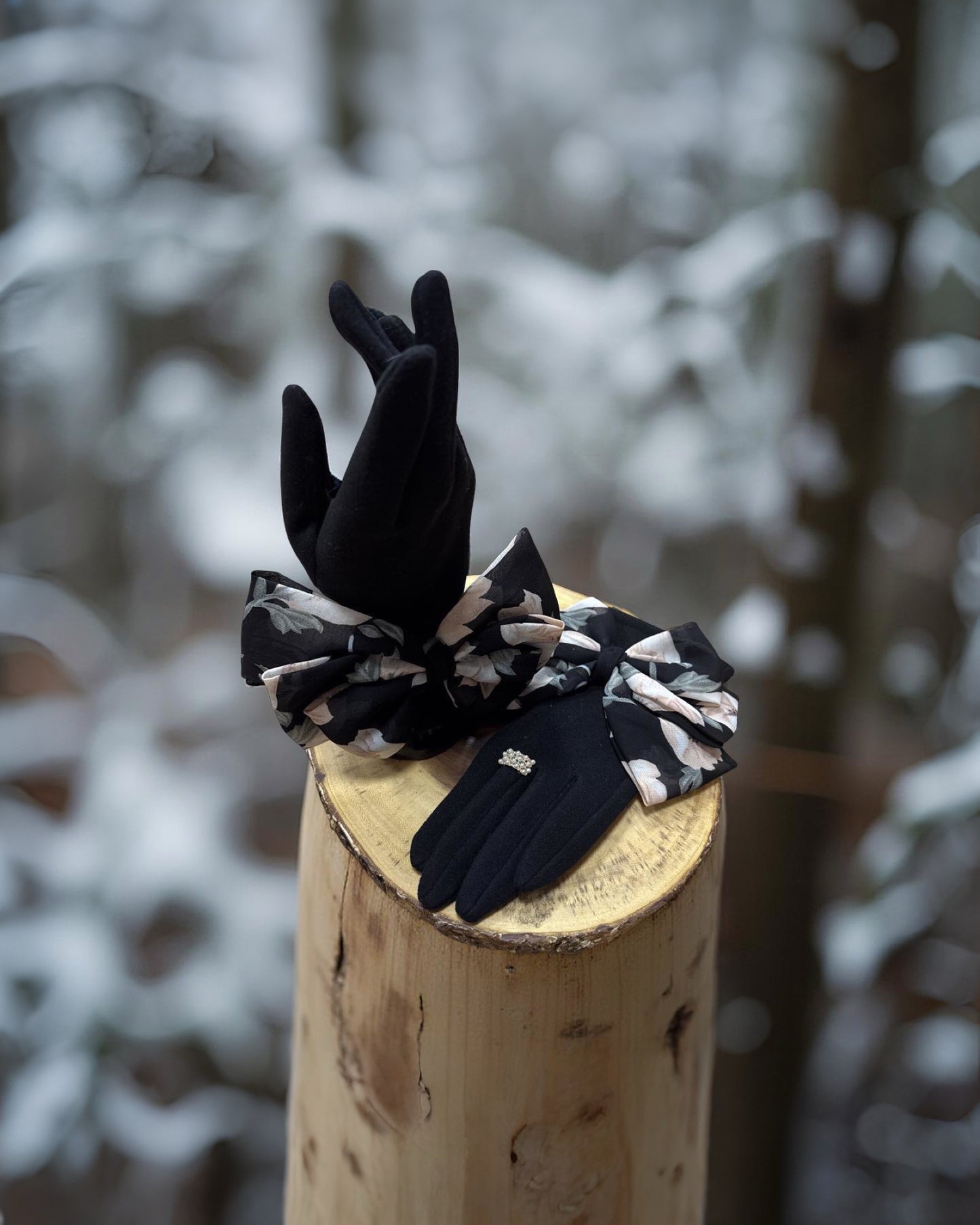 Black Gloves with Floral Satin Bow