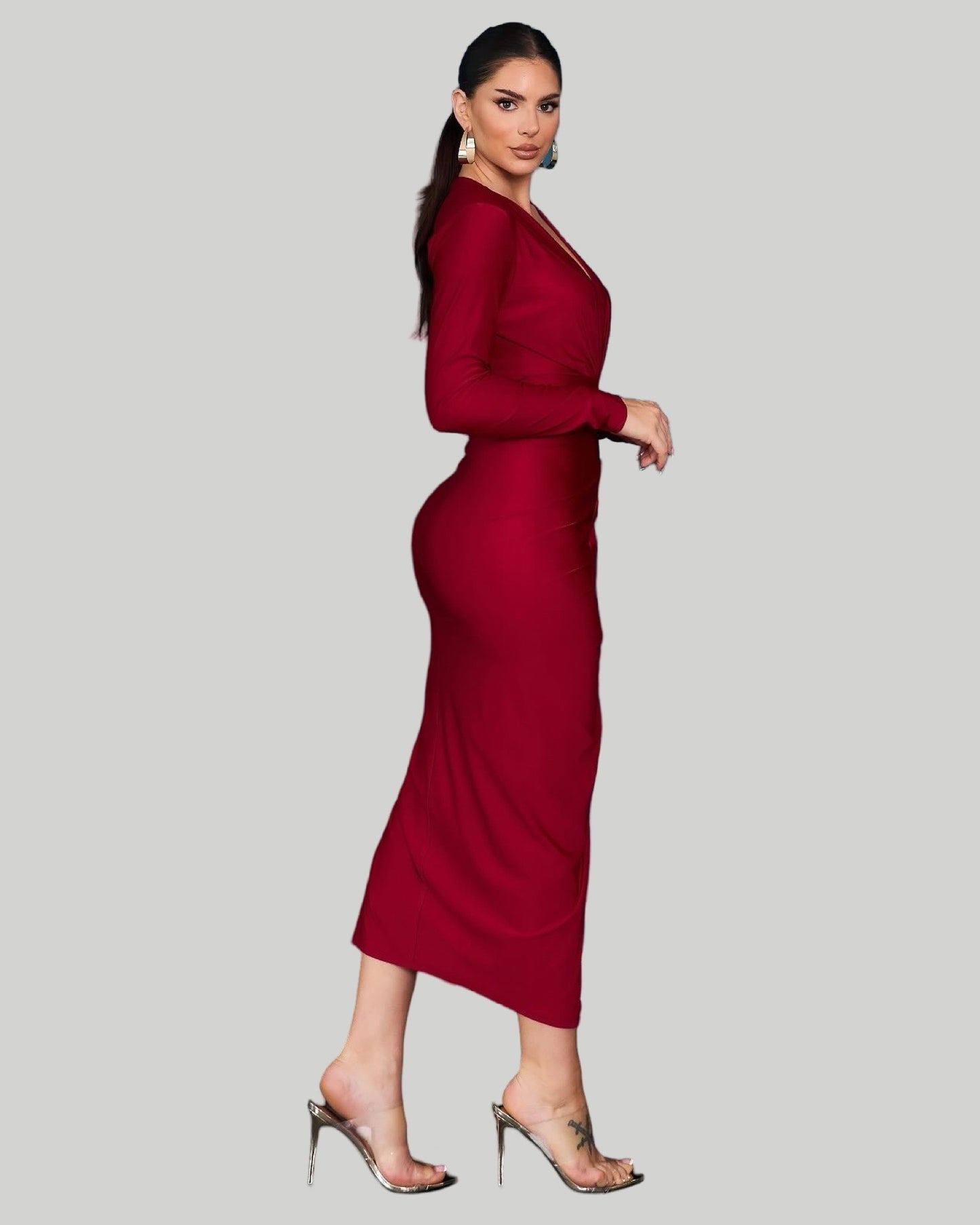 SOLID LONG SLEEVE DEEP V MIDI DRESS
