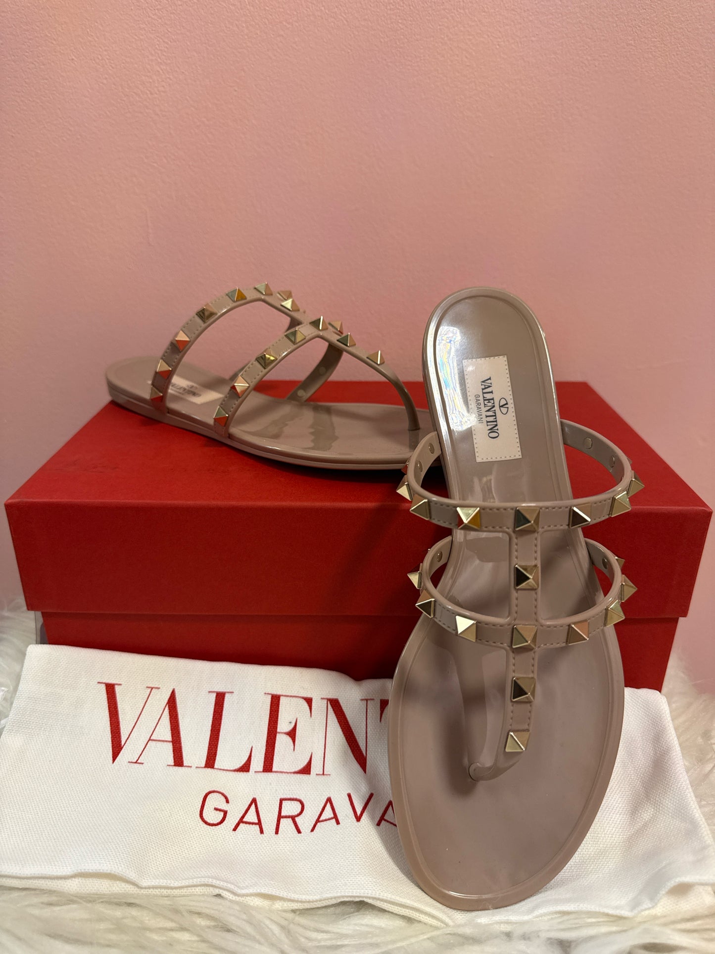 Valentino Garavani pvc thong poudre sandals with box and dust bags