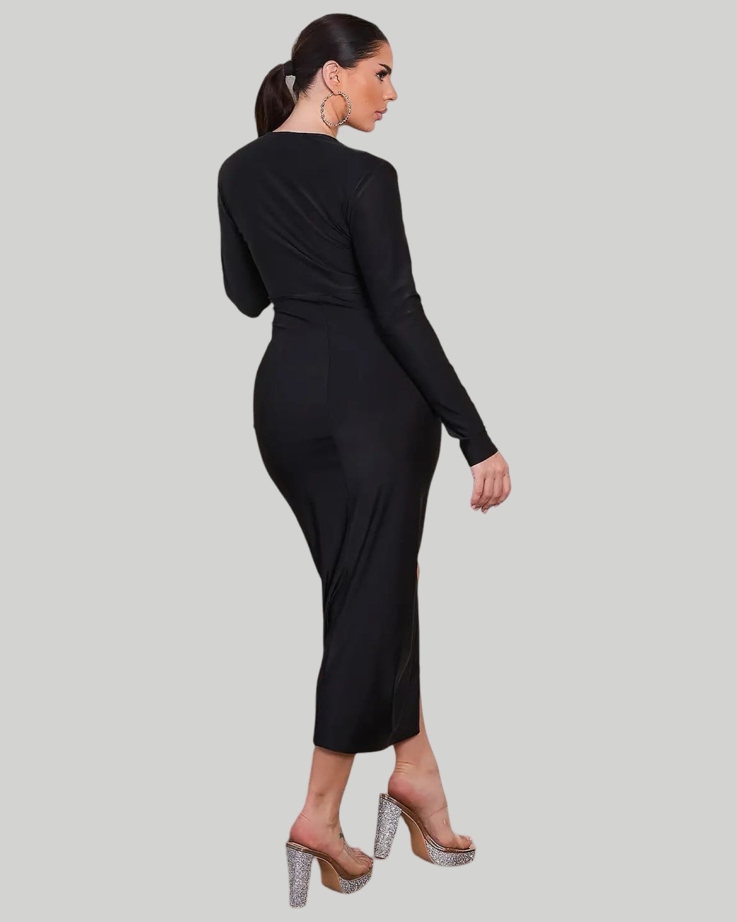 SOLID LONG SLEEVE DEEP V MIDI DRESS