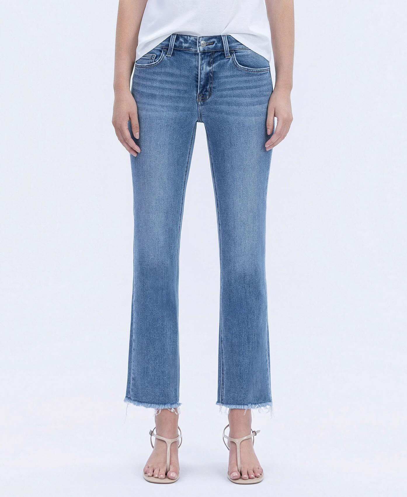 Melissa Mid Rise Medium Wash Raw Hem Crop Straight Jeans