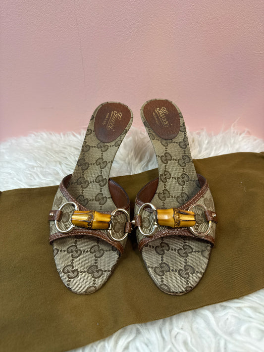Gucci Monogram Bamboo Horsebit Slide Sandal Heels