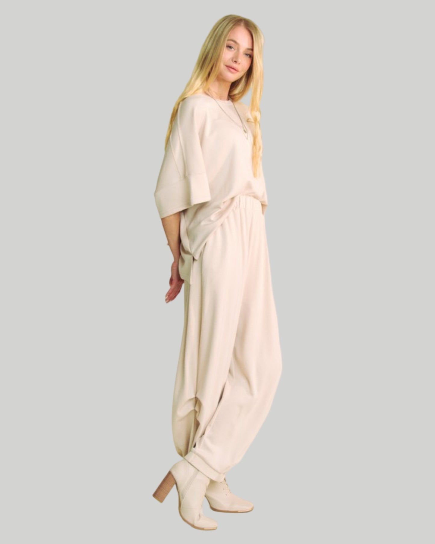 BEIGE SOLID FLOWY TOP WITH ELASTIC WAIST WIDE LEG PANTS SET