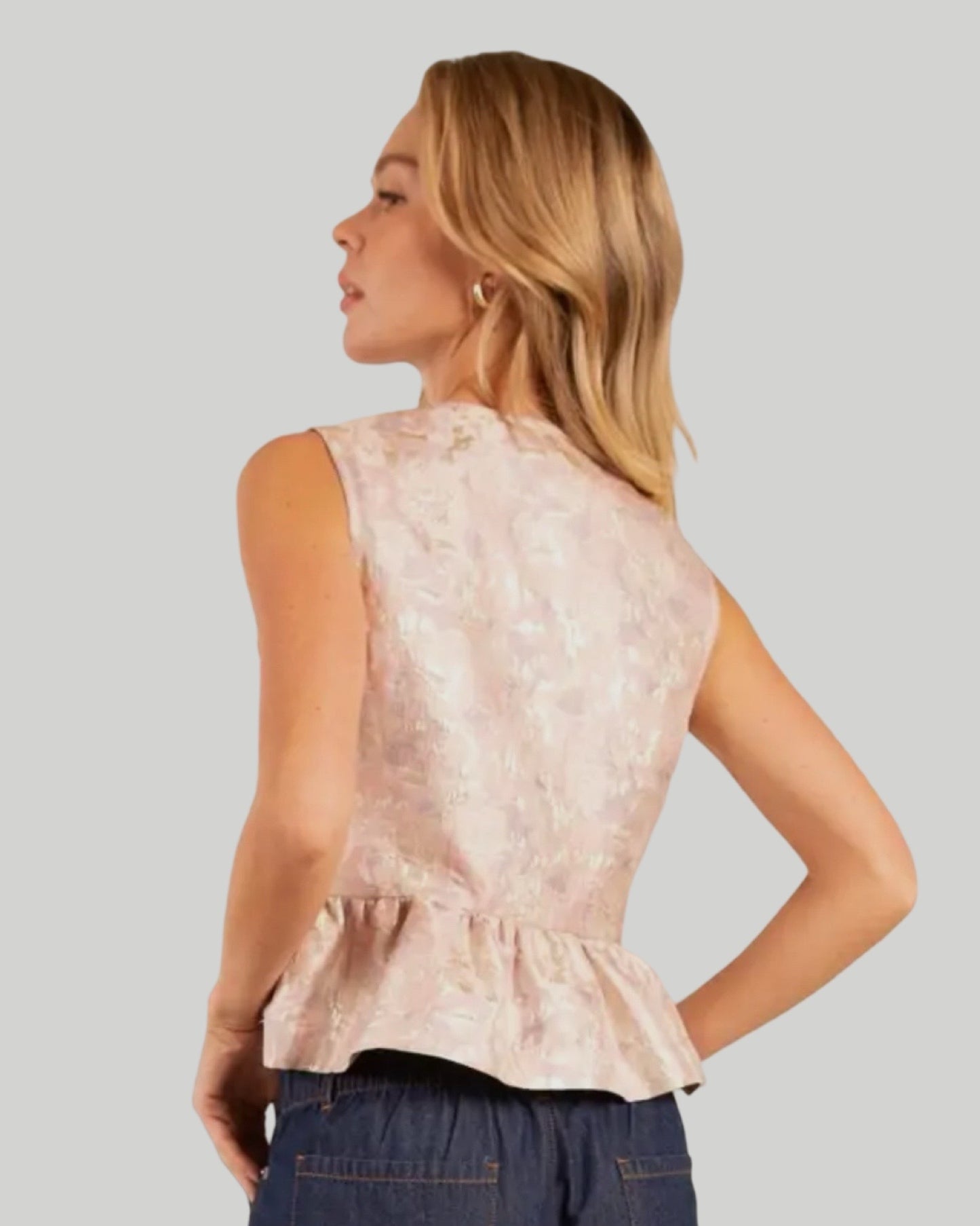 FLORAL JACQUARD PEPLUM TOP WITH BOW DETAIL available in blue/gold & pink/gold