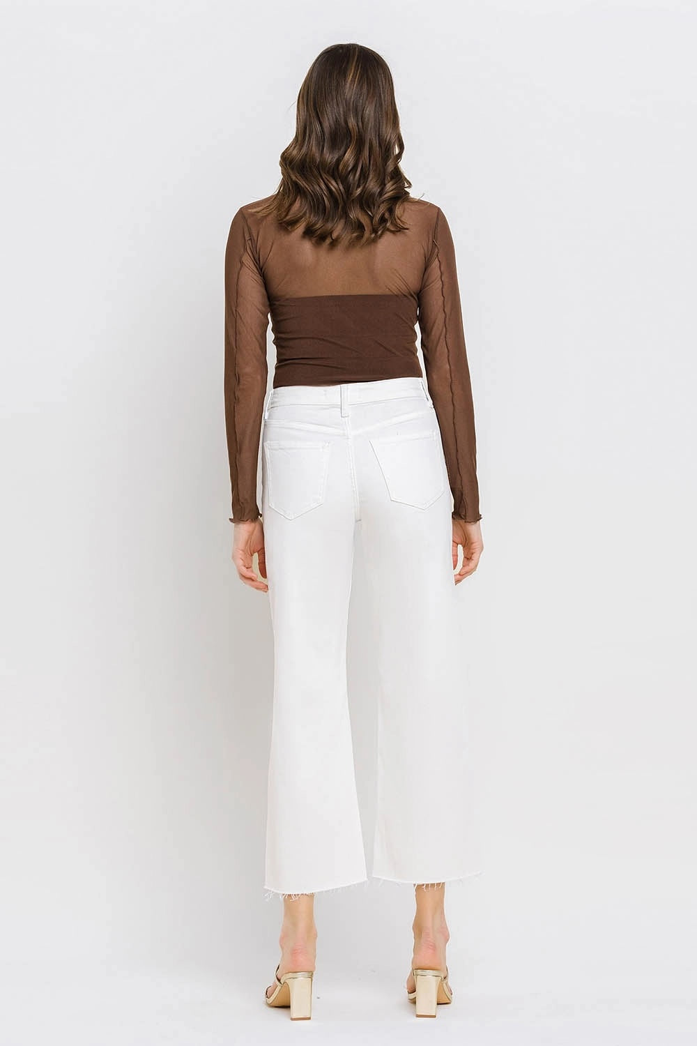 High rise clean cut raw hem crop wide leg jeans