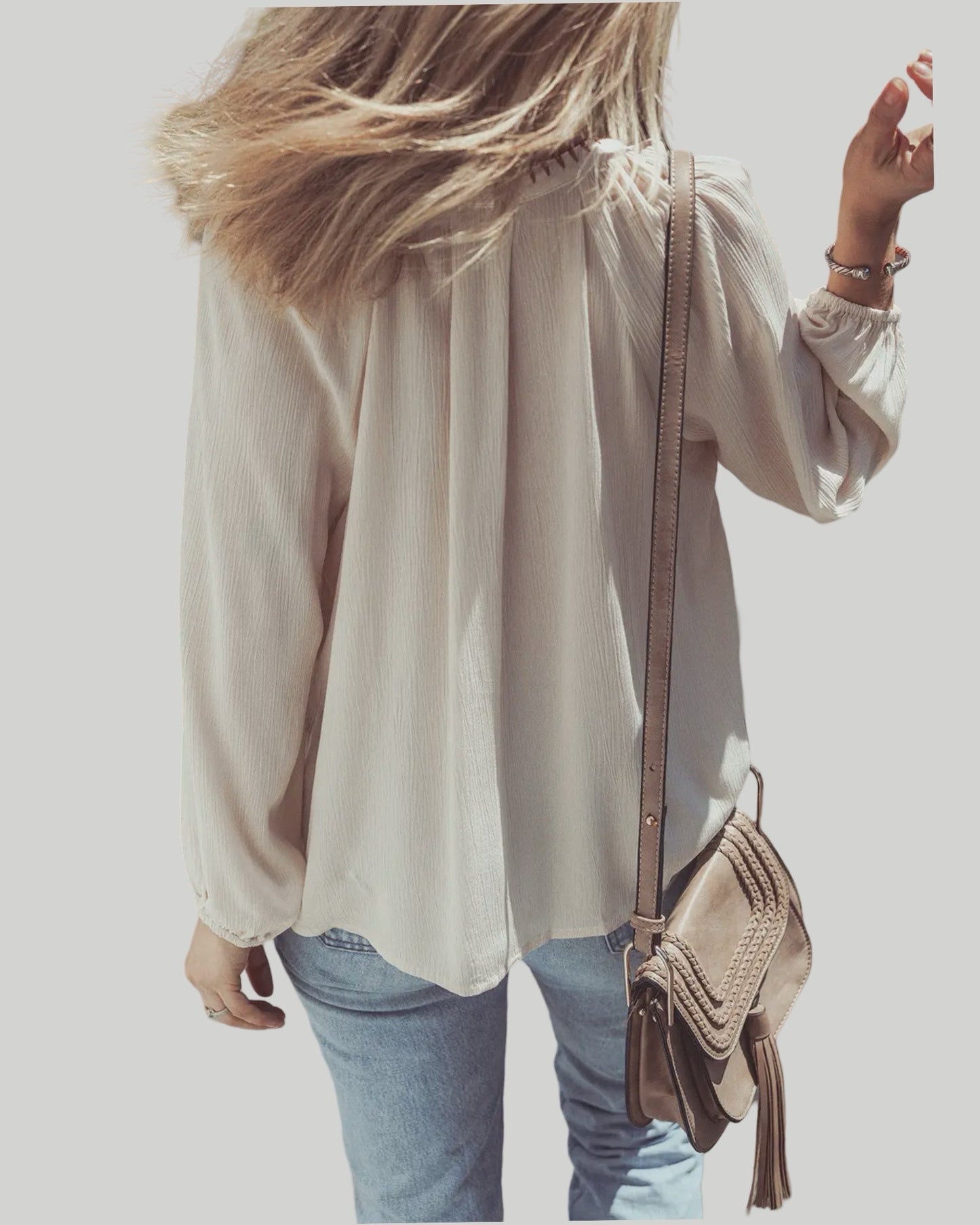 FLORAL EMBROIDERED TEXTURED PUFF LONG SLEEVE LOOSE TOP