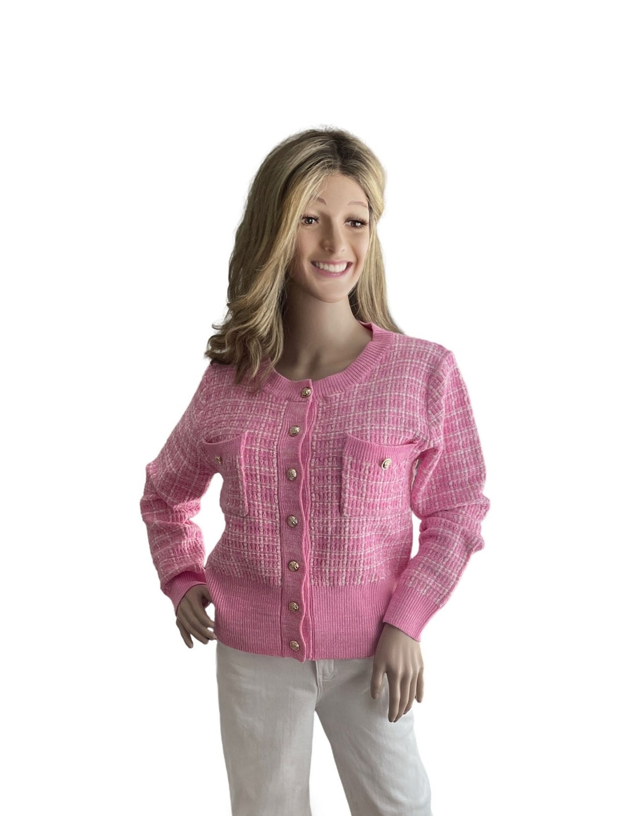 PINK AND WHITE BUTTON FRONT SWEATER