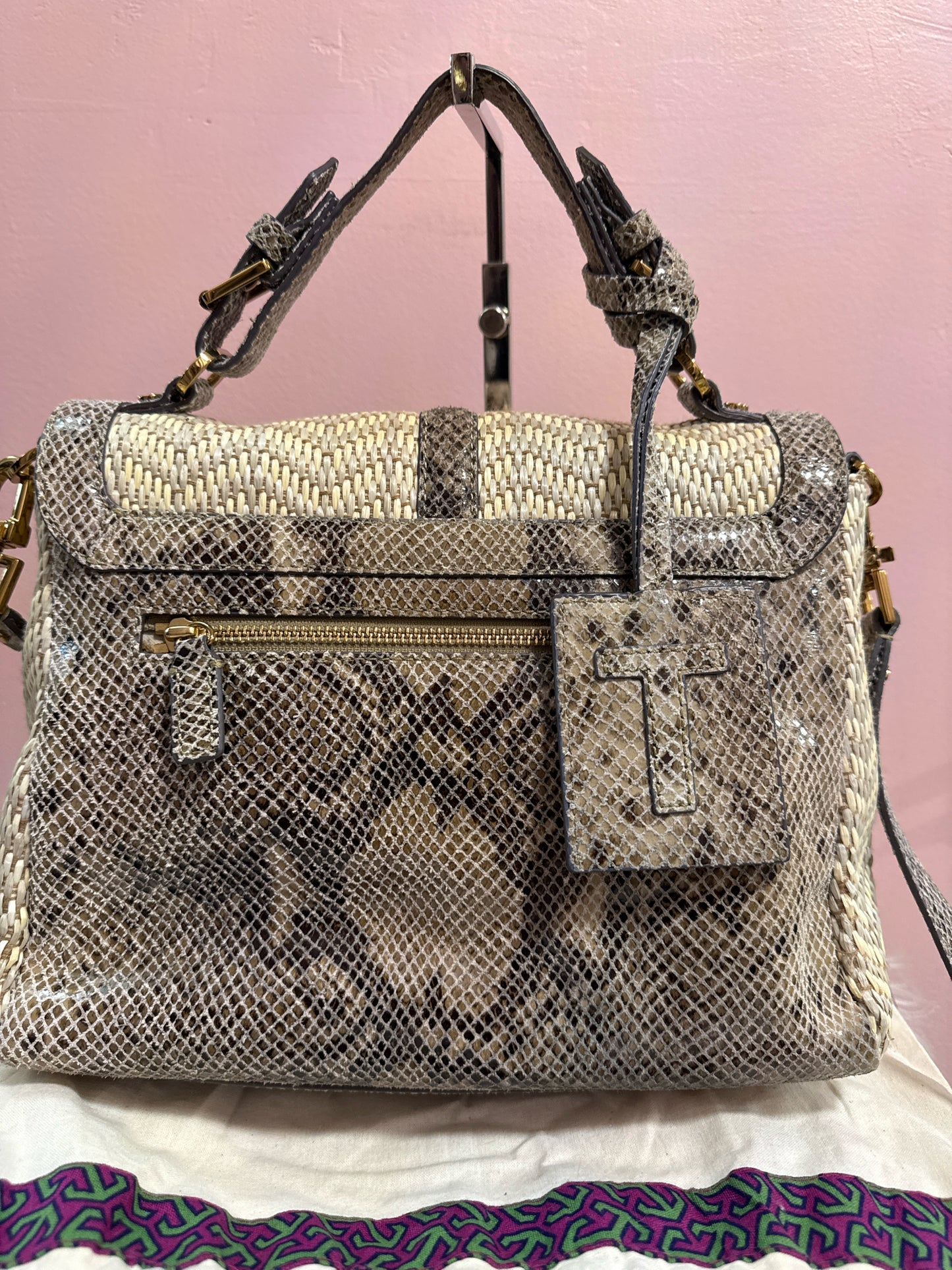 Tory Burch 797 raffia and snake print satchel with shoulder strap and dust bag