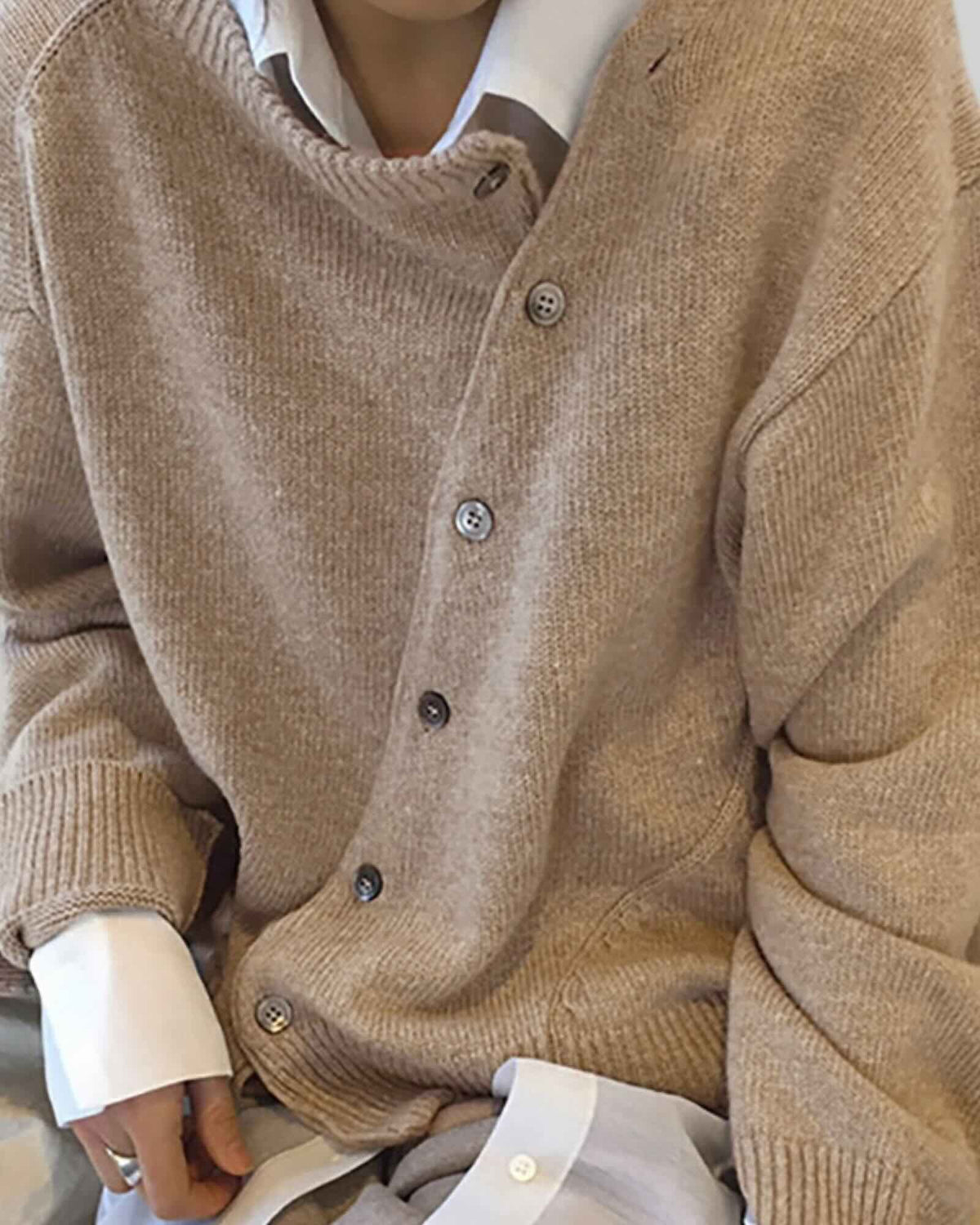Diagonally Buttoned Irregular Crewneck Knit Top
