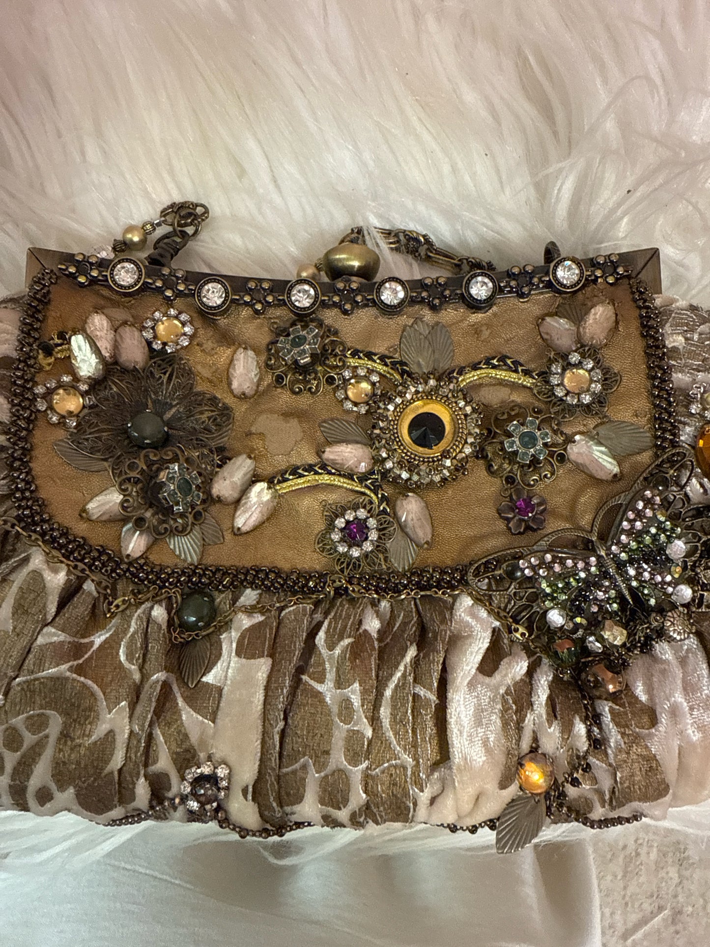 Mary Frances taupe velvet fabric multi beaded strap shoulder bag
