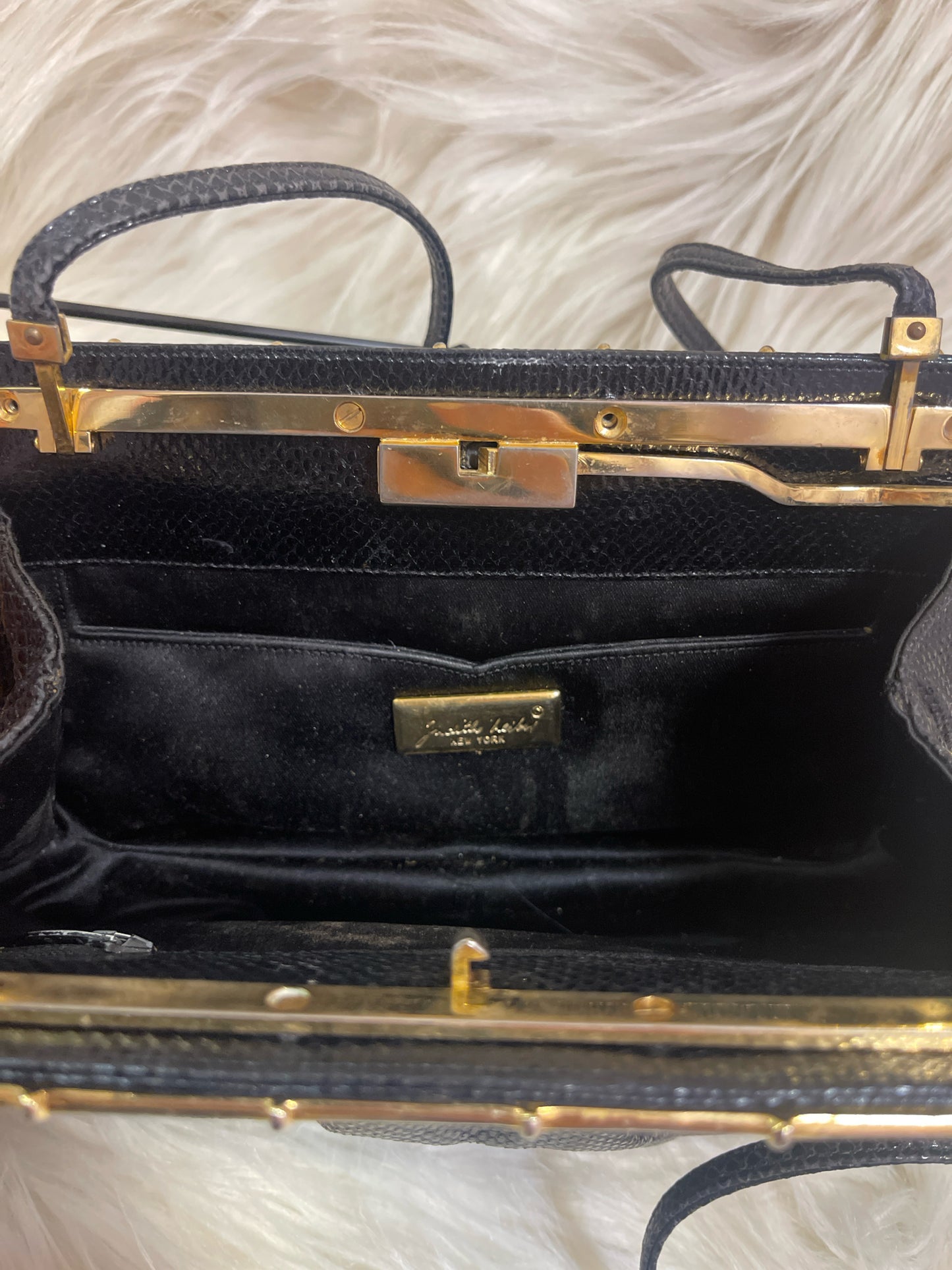JUDITH LEIBER BLACK LIZARD LEATHER STRAP SHOULDER/CLUTCH RHINESTONES