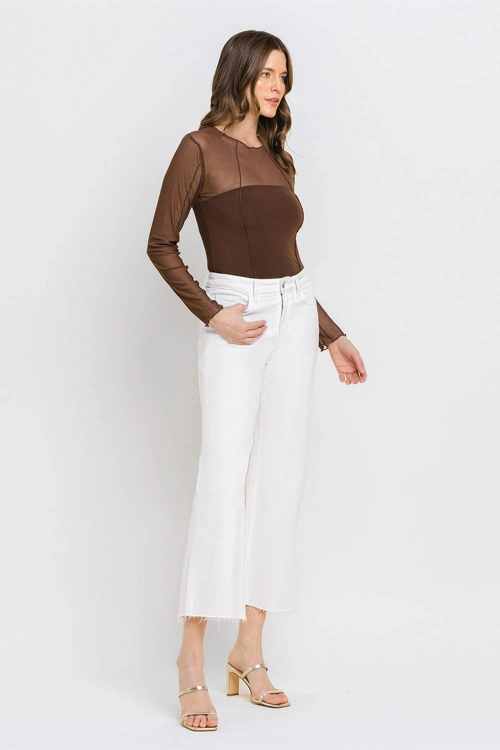 High rise clean cut raw hem crop wide leg jeans