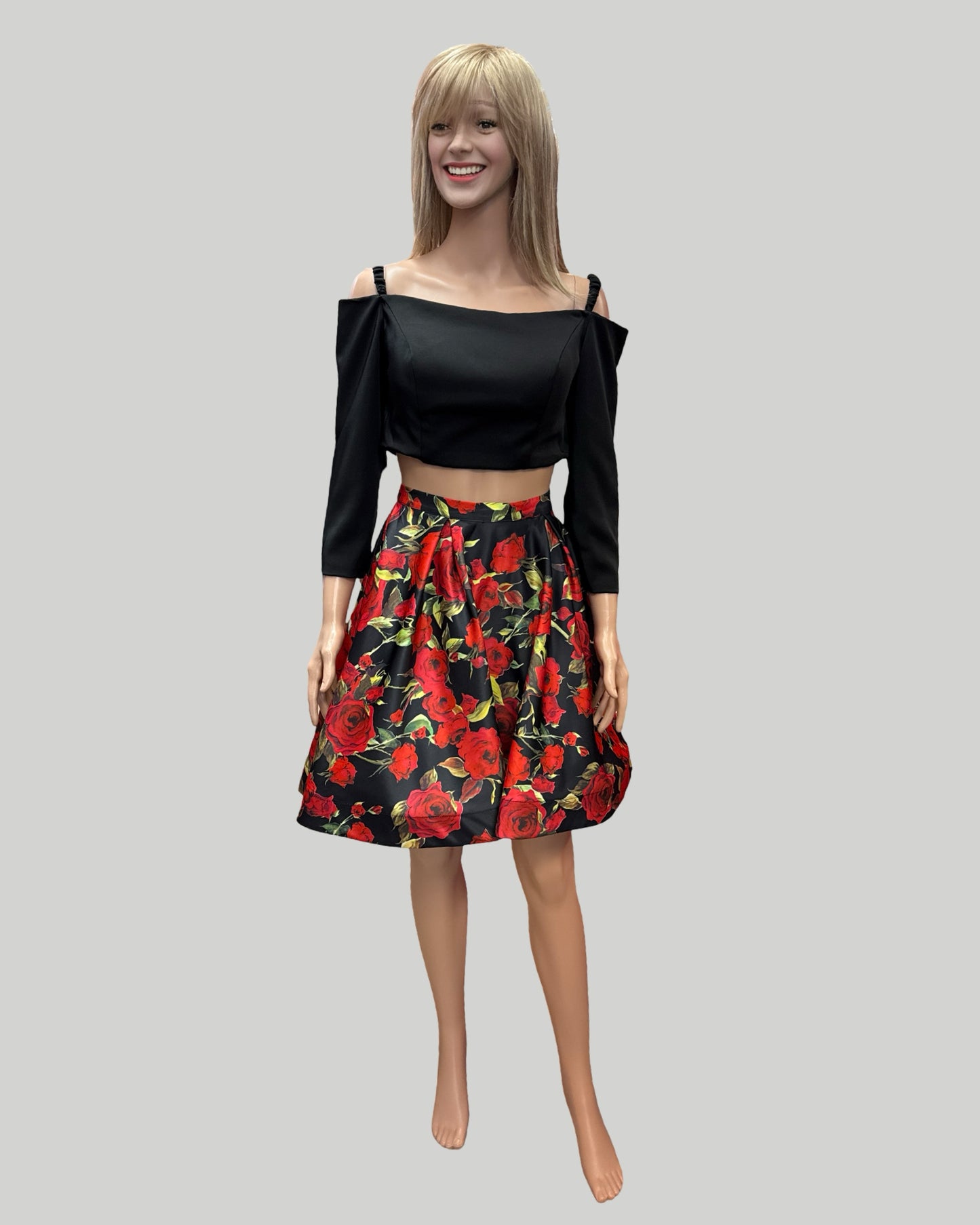 JVN B Jovani 2 Piece black top with black/red full skirt