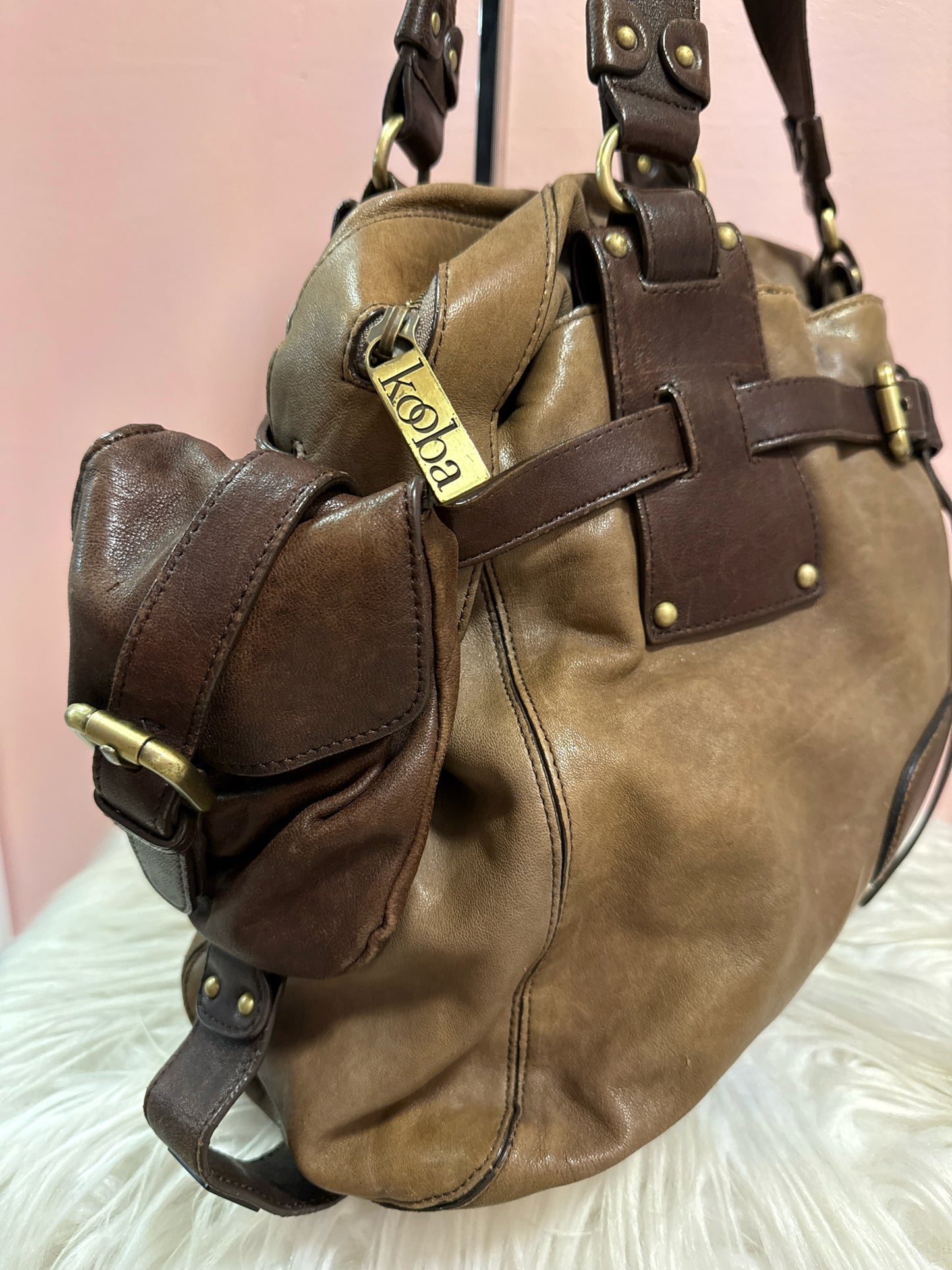 Kooba chocolate brown and tan leather shoulder bag