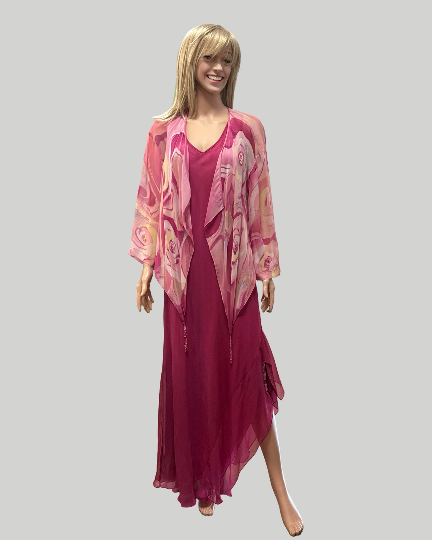 ANIA ZOFIA BERRY PINK SILK GOWN WITH COORDINATING SHAWL/WRAP