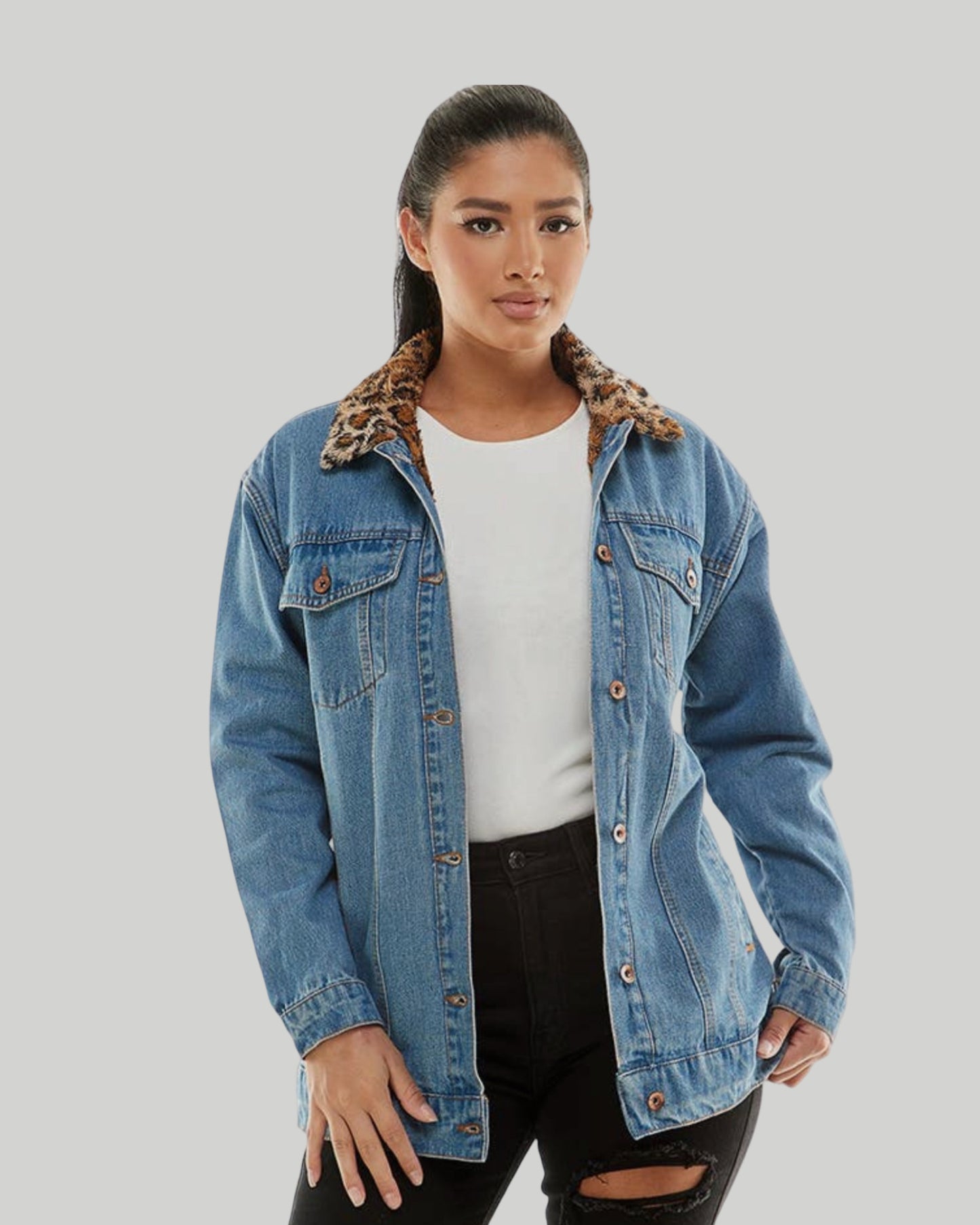 Denim Lined Animal Print Collar Jacket