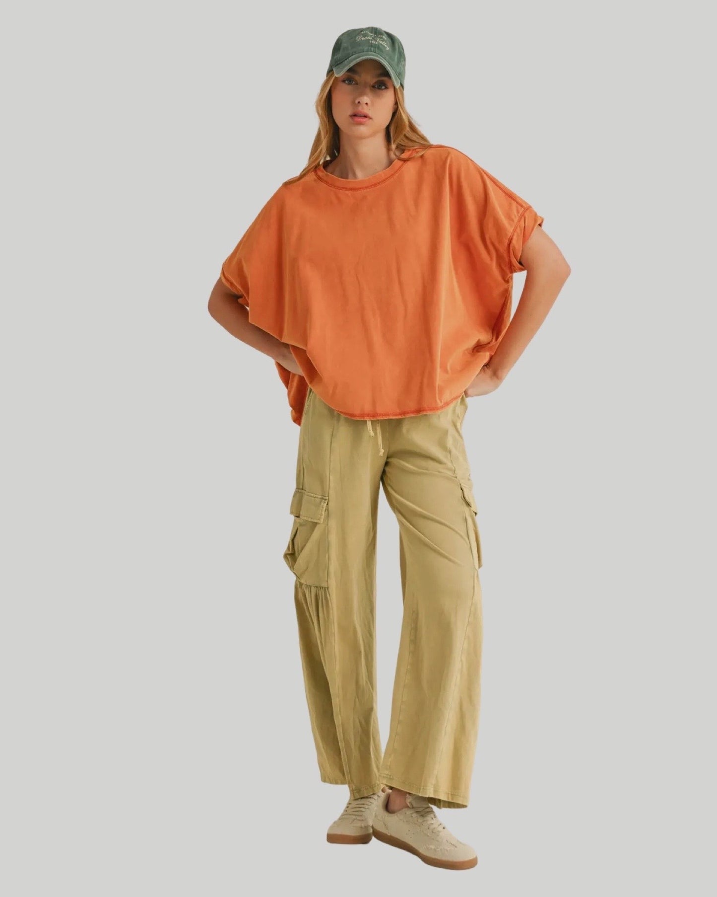 Effortless wide leg, relaxed fit cargo pants available in buttercream and cool matcha