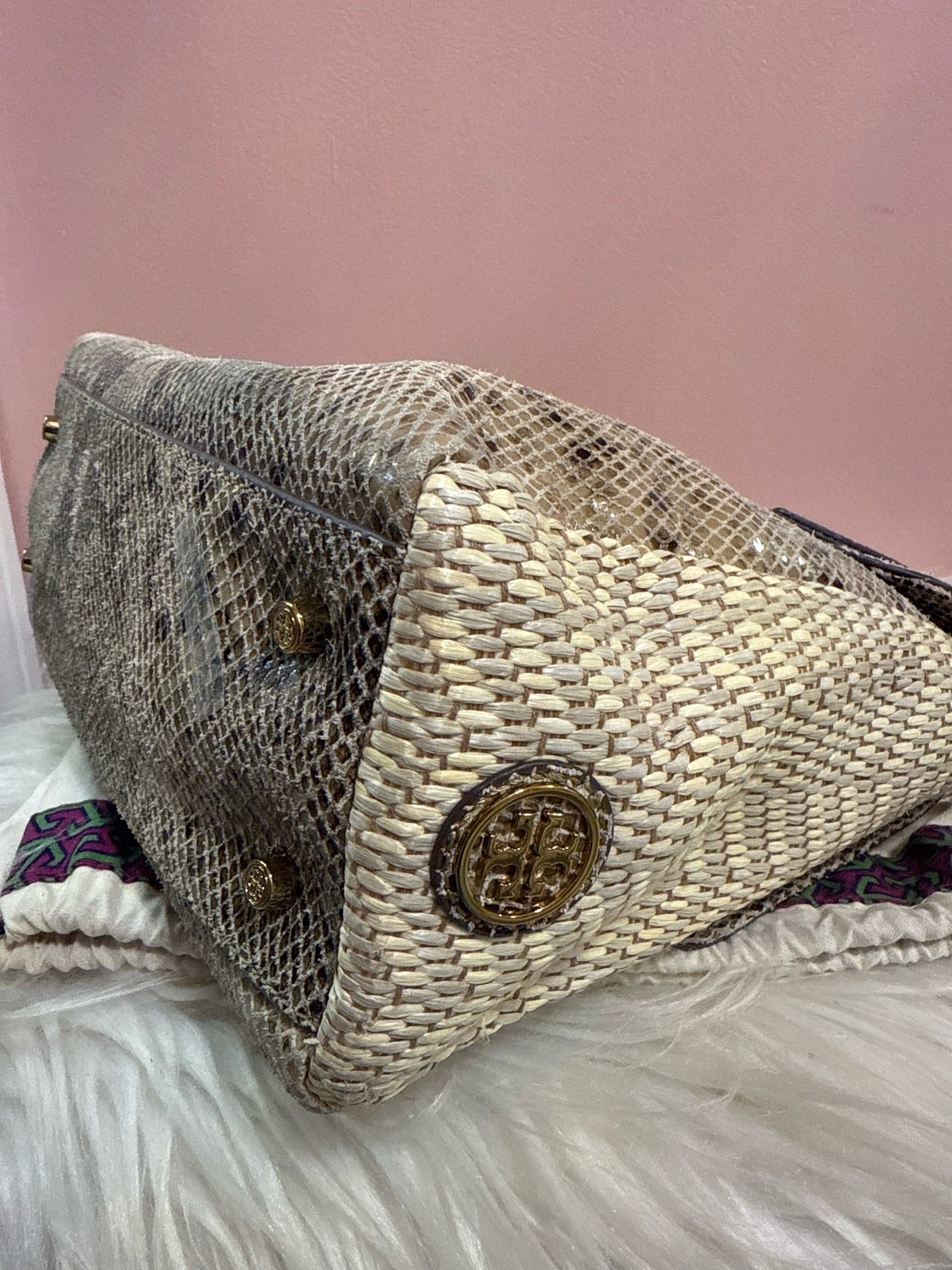 Tory Burch 797 raffia and snake print satchel with shoulder strap and dust bag