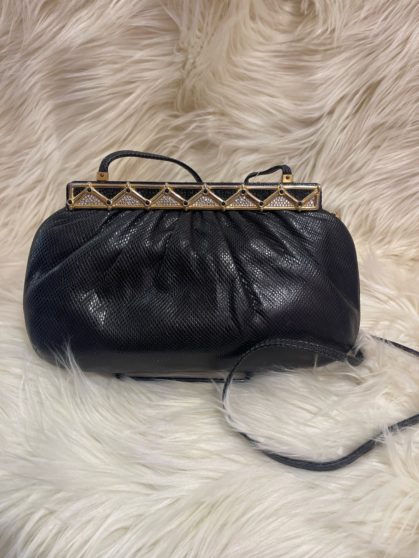 JUDITH LEIBER BLACK LIZARD LEATHER STRAP SHOULDER/CLUTCH RHINESTONES