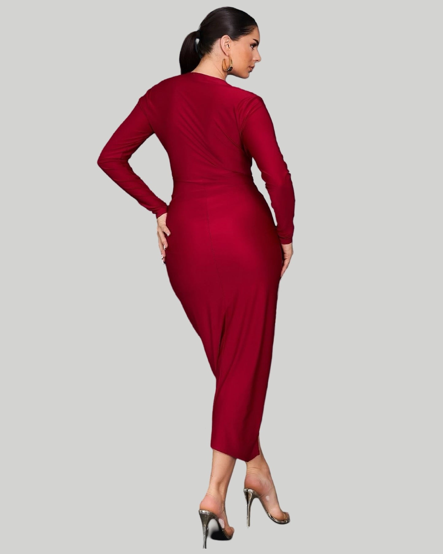 SOLID LONG SLEEVE DEEP V MIDI DRESS