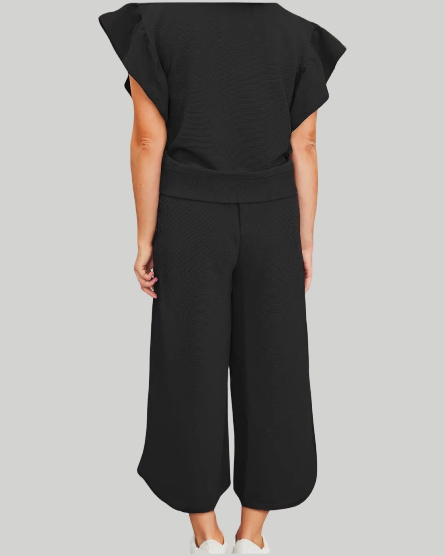 TEXTURED RUFFLED SLEEVE ZIPPED TOP AND WIDE LEG PANTS SET
