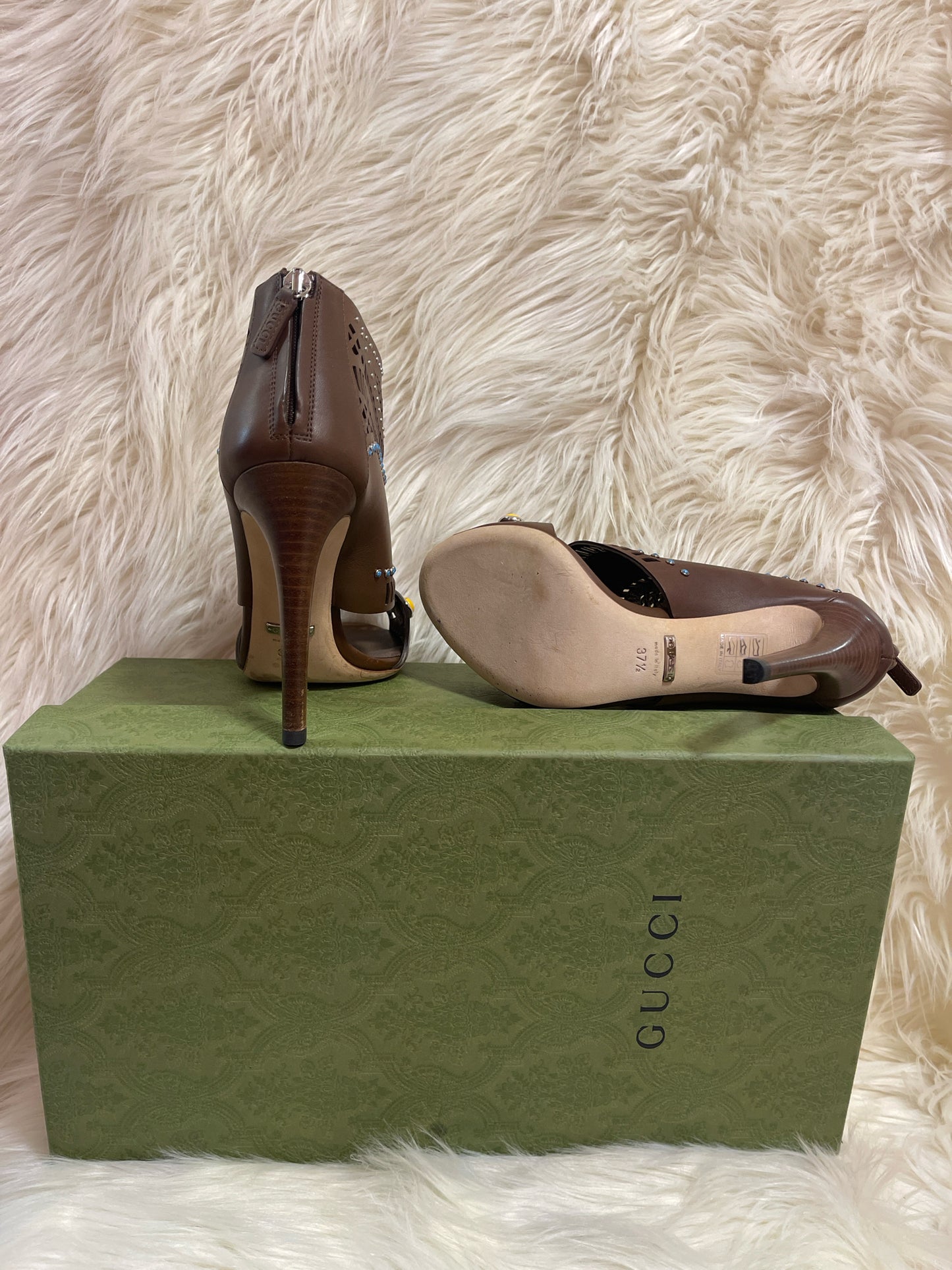 GUCCI LIKA LASER NUT BROWN PEEP TOE BOOTIE 37 1/2