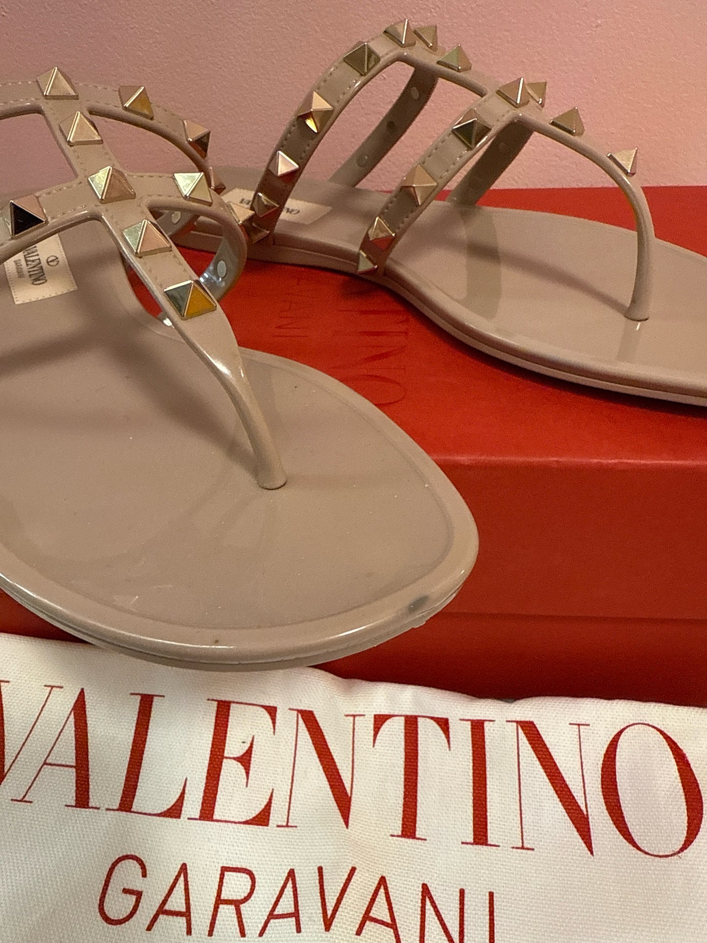 Valentino Garavani pvc thong poudre sandals with box and dust bags