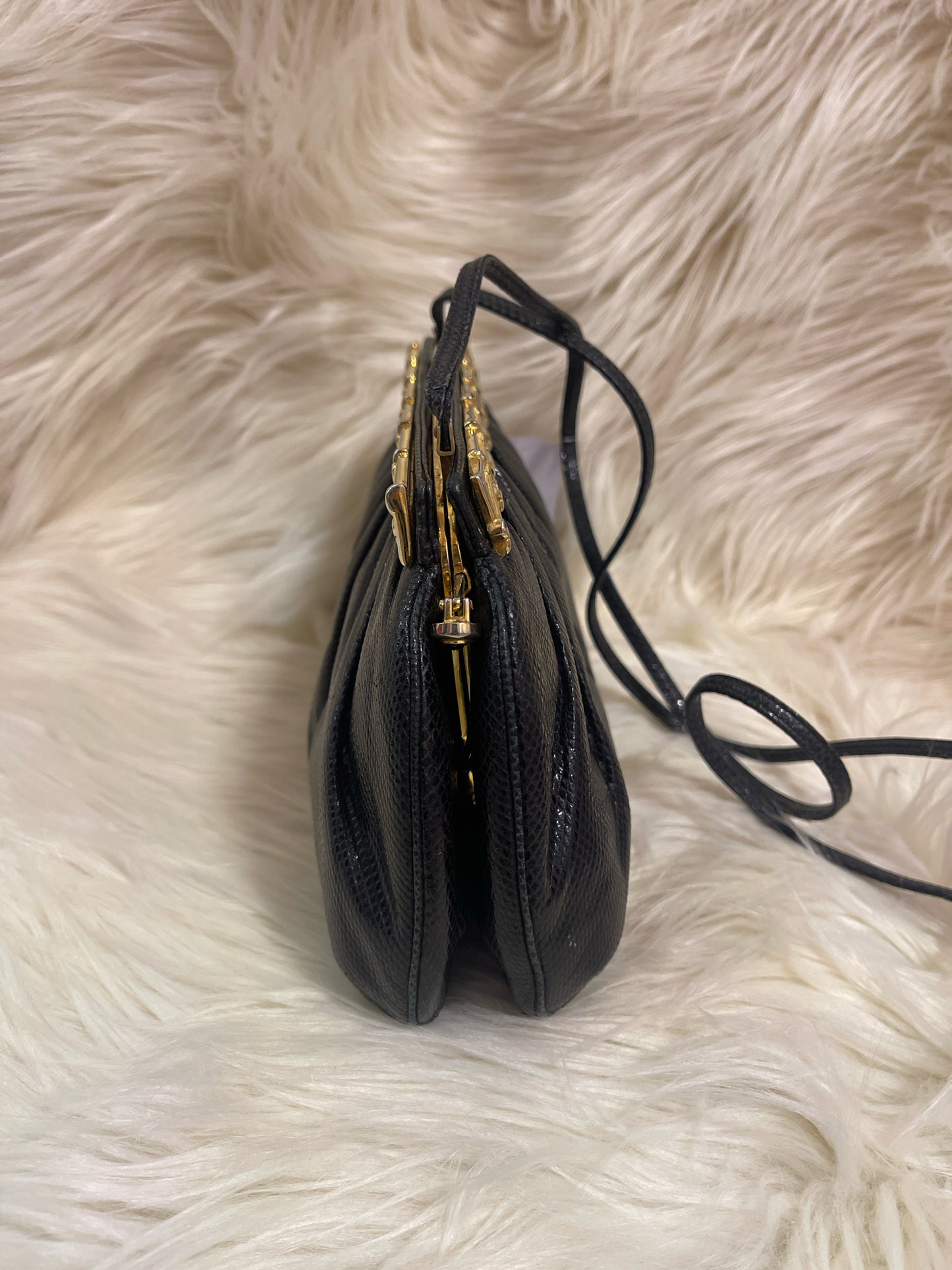 JUDITH LEIBER BLACK LIZARD LEATHER STRAP SHOULDER/CLUTCH RHINESTONES