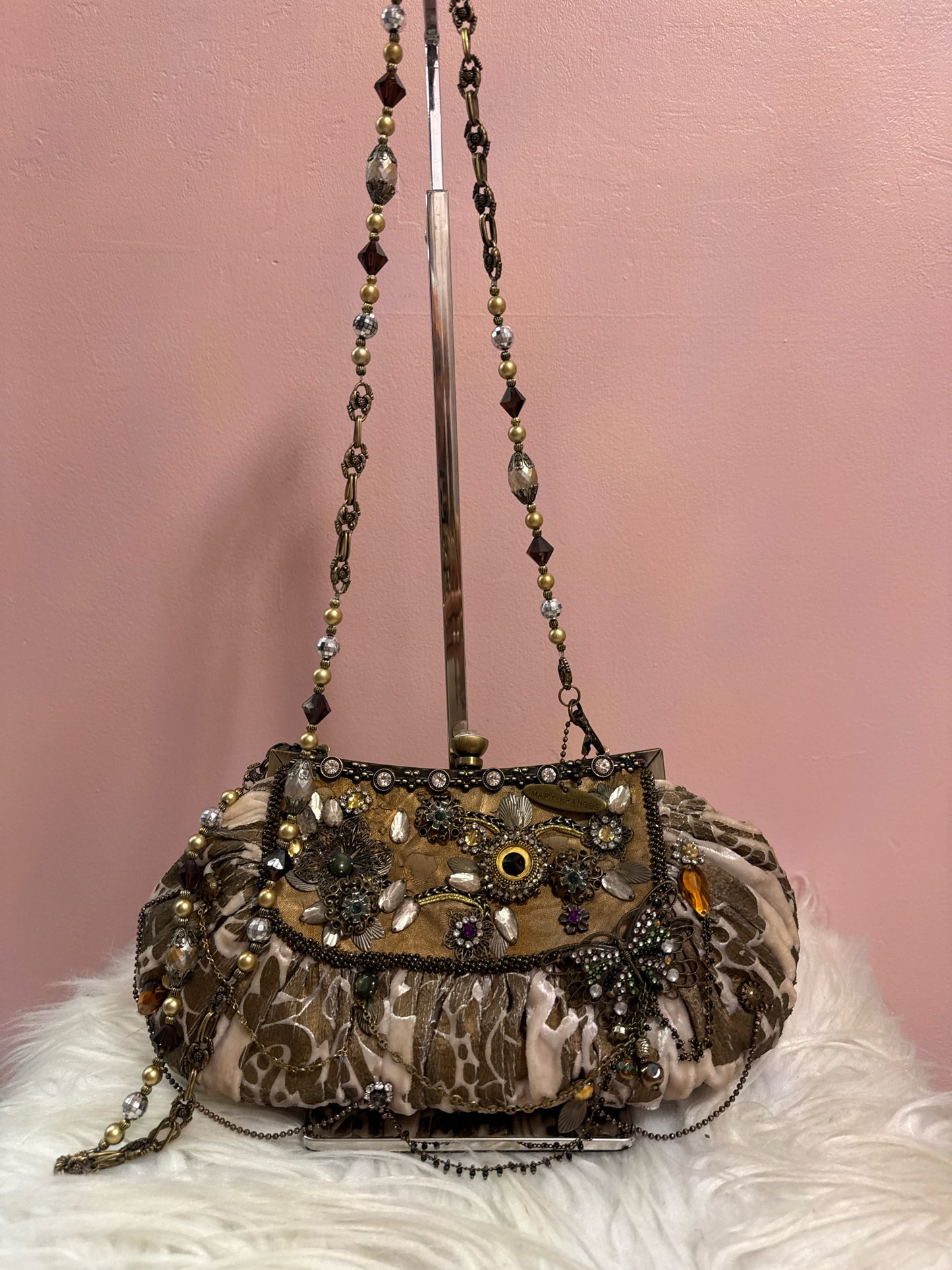 Mary Frances taupe velvet fabric multi beaded strap shoulder bag
