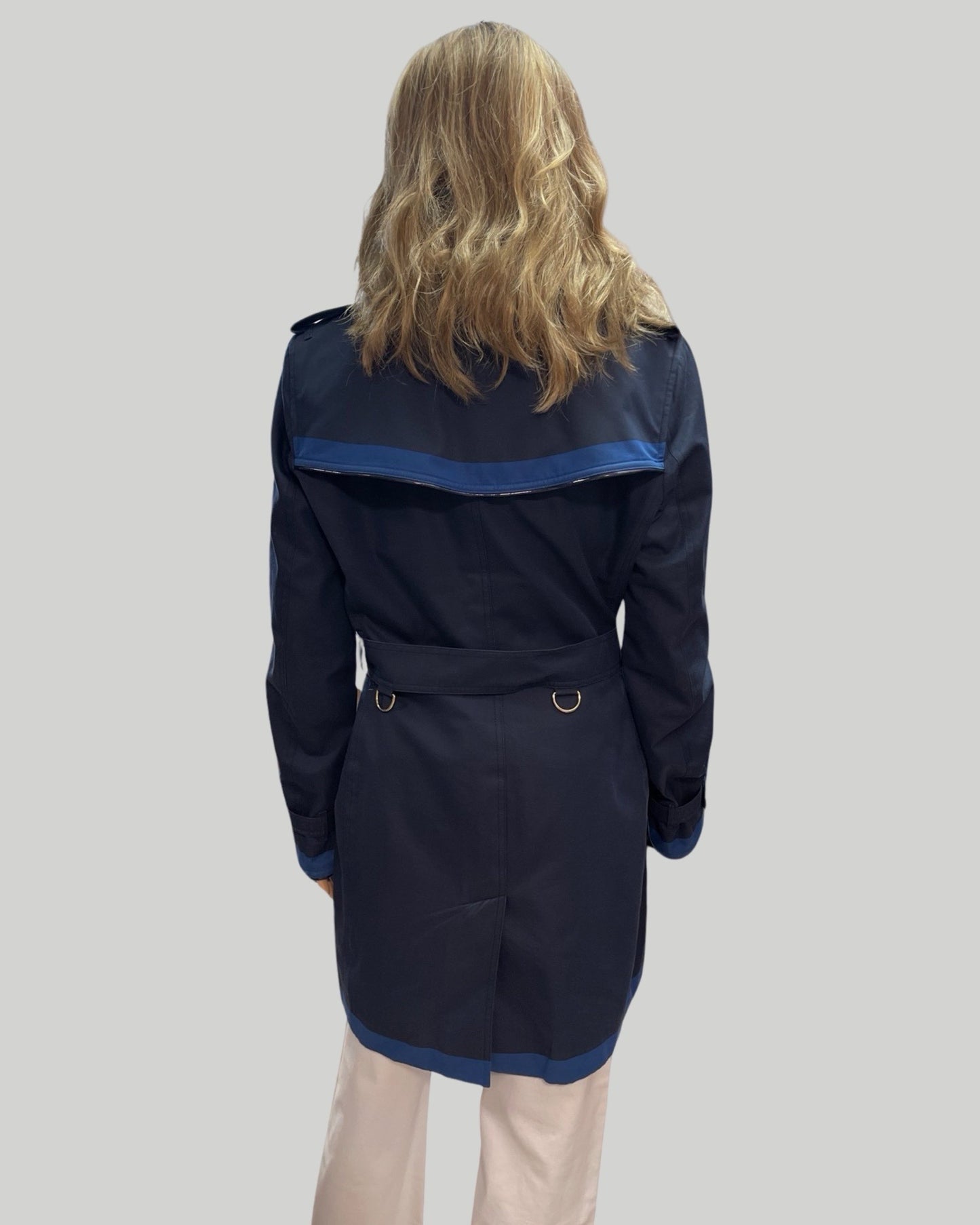 BURBERRY BLUE ON BLUE DOUBLE BREASTED JACKET W BELT